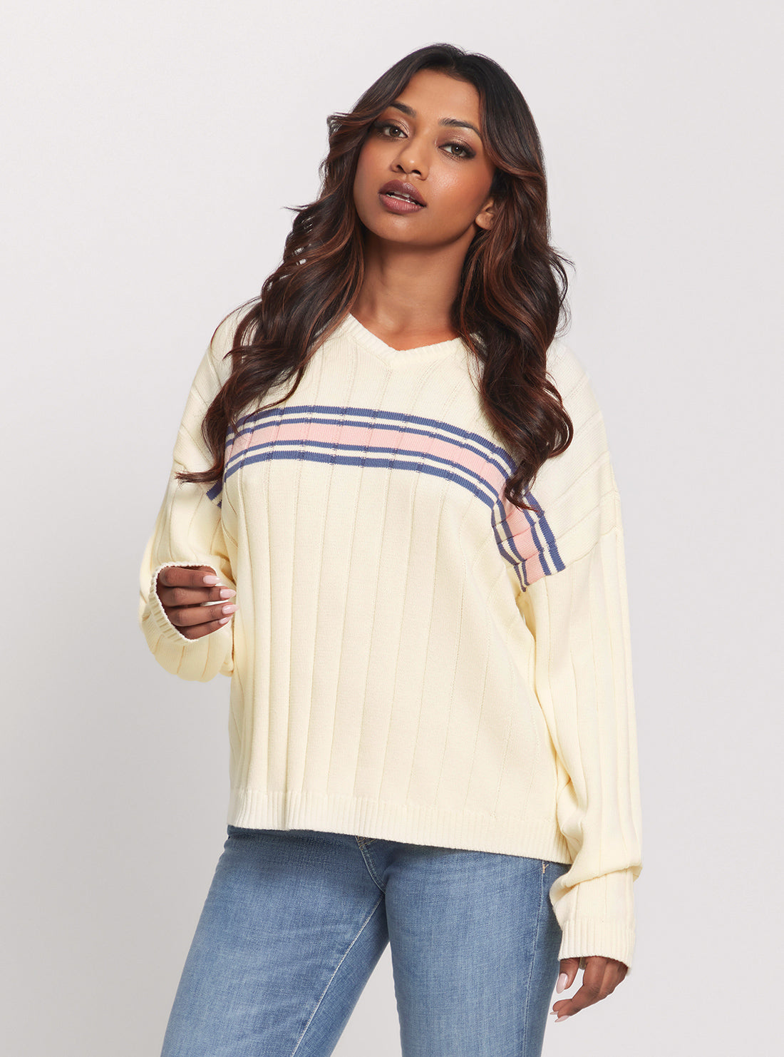 Guess Originals Cream V-Neck Sweater for Women - Soft & Comfortable Knit Pullover - Perfect for Casual Outfits, Office Wear & Fall Layering
