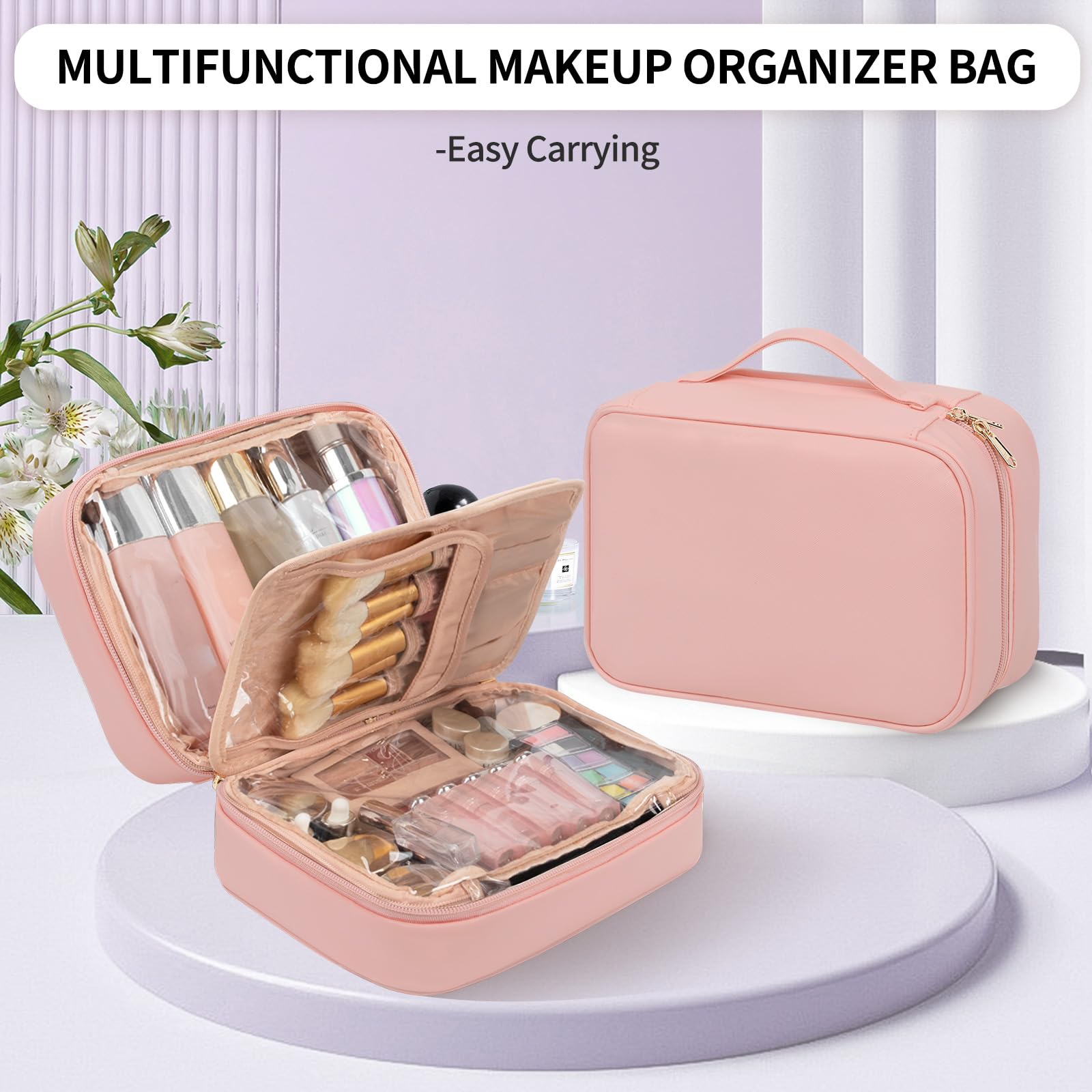 OCHEAL Large Waterproof Makeup Travel Bag with Brush Compartment & Handle - Pink Cosmetic Organizer for Women & Girls | Perfect for Travel, Gym, and Daily Toiletry Storage