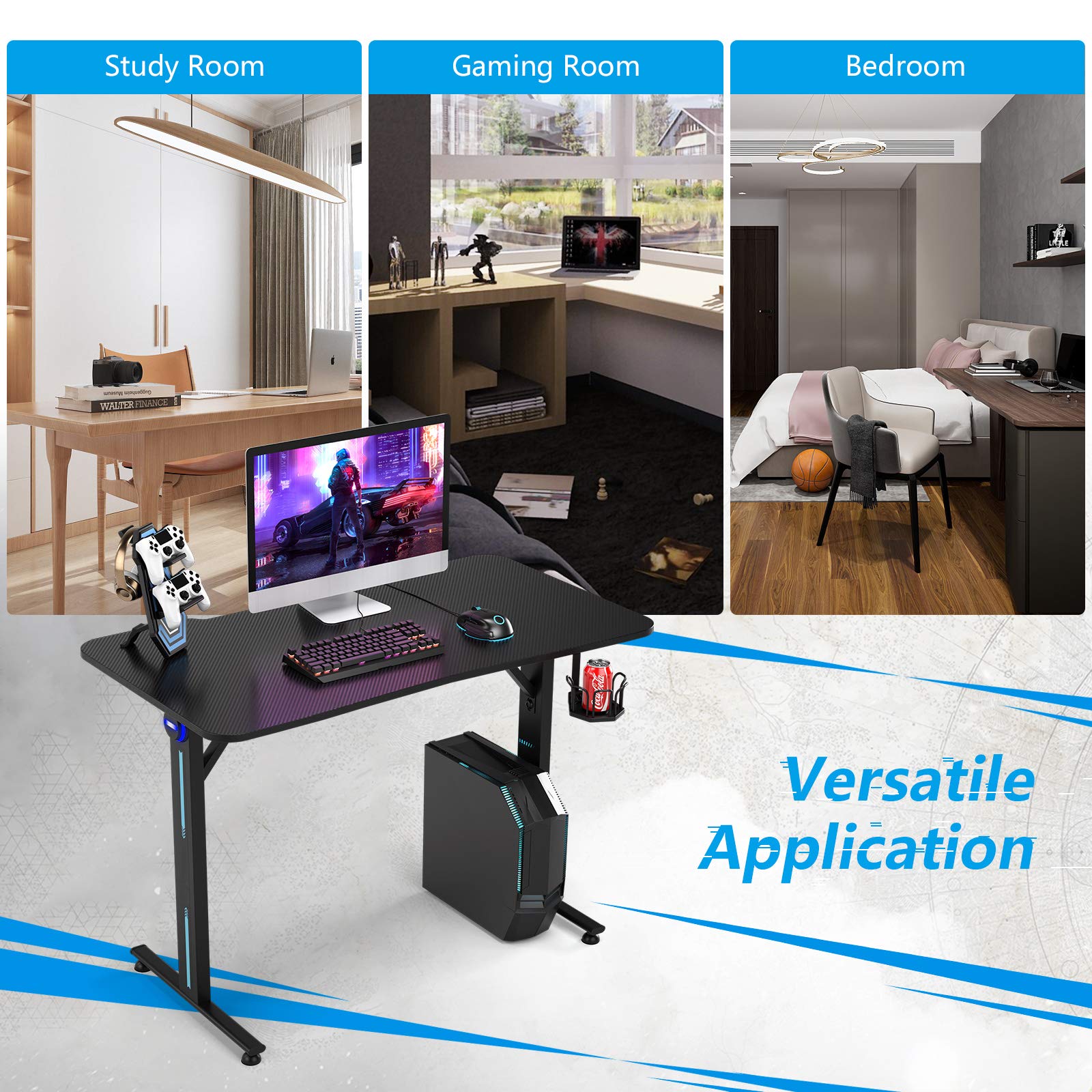 Tangkula Gaming Desk - T-Shaped Computer Desk with Controller Stand, Cup Holder & LED Lights | Ergonomic Carbon Fiber Surface for PC Gaming & Home Office Workstation (Black) | Perfect for Esports, Streaming & Remote Work Setup