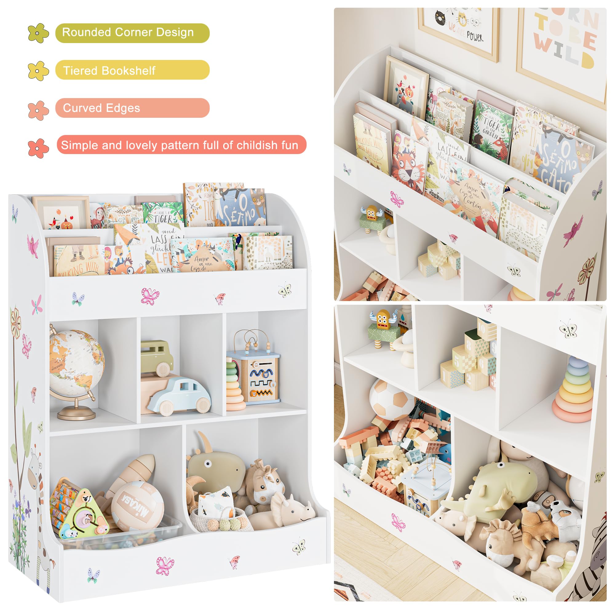 Kids Toy Storage Organizer with Bookcase - 6-Cubby Bookshelf & Toy Cabinet for Playroom, Bedroom, Nursery & Classroom - White Children's Furniture for Books, Toys & Room Organization