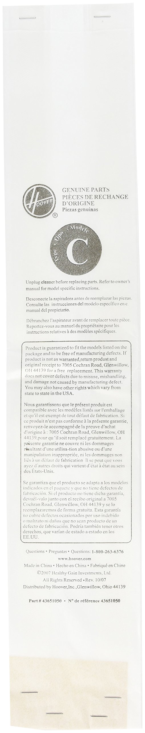 Hoover Type C Vacuum Cleaner Bags (Pack of 3) - Compatible with Bottom-Fill Convertible Upright Vacs - Model #4010077C - Tan Color - Perfect for Pet Hair, Dust & Allergen Removal in Home Cleaning