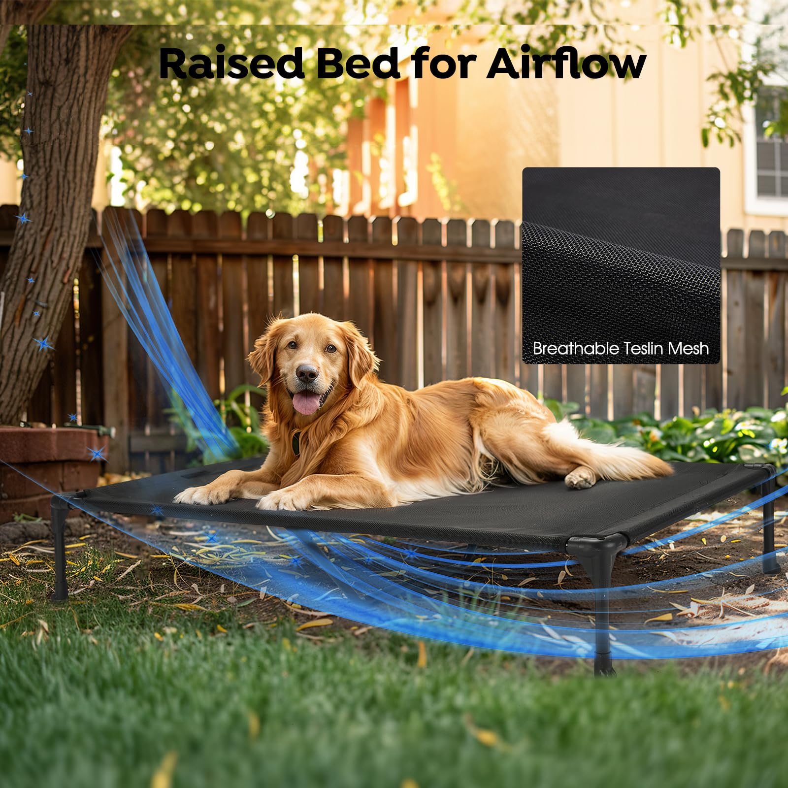 Veehoo Cooling Elevated Dog Bed with Removable Fluffy Pillow - Breathable Mesh Design, Washable Bolster Mat & Non-Slip Feet - 32