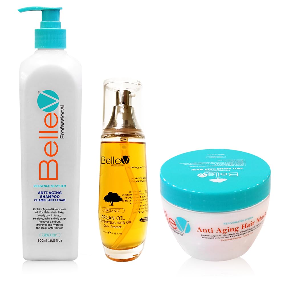 Professional Rejuvenating Hair Care Set - Anti-Aging Shampoo (3.38 fl oz) + Argan Oil Treatment (300g) + Hair Mask (16.8 fl oz) - Hydrating & Repairing Damaged Hair for Women & Men - Perfect for Daily Use, Salon-Quality Results at Home