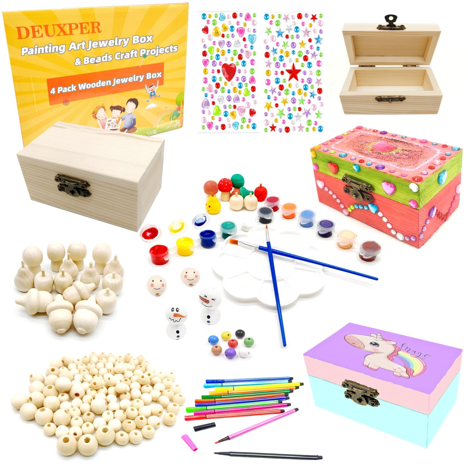 DEUXPER 2-in-1 Kids Art & Craft Toy Set - 4 Wooden Jewelry Boxes & 136 Charms Beads for DIY Bracelet Making, Painting & Creative Play | Perfect Easter Gift & Birthday Present for Girls Ages 6-10 | Great for Arts & Crafts, Party Favors & Creative Development