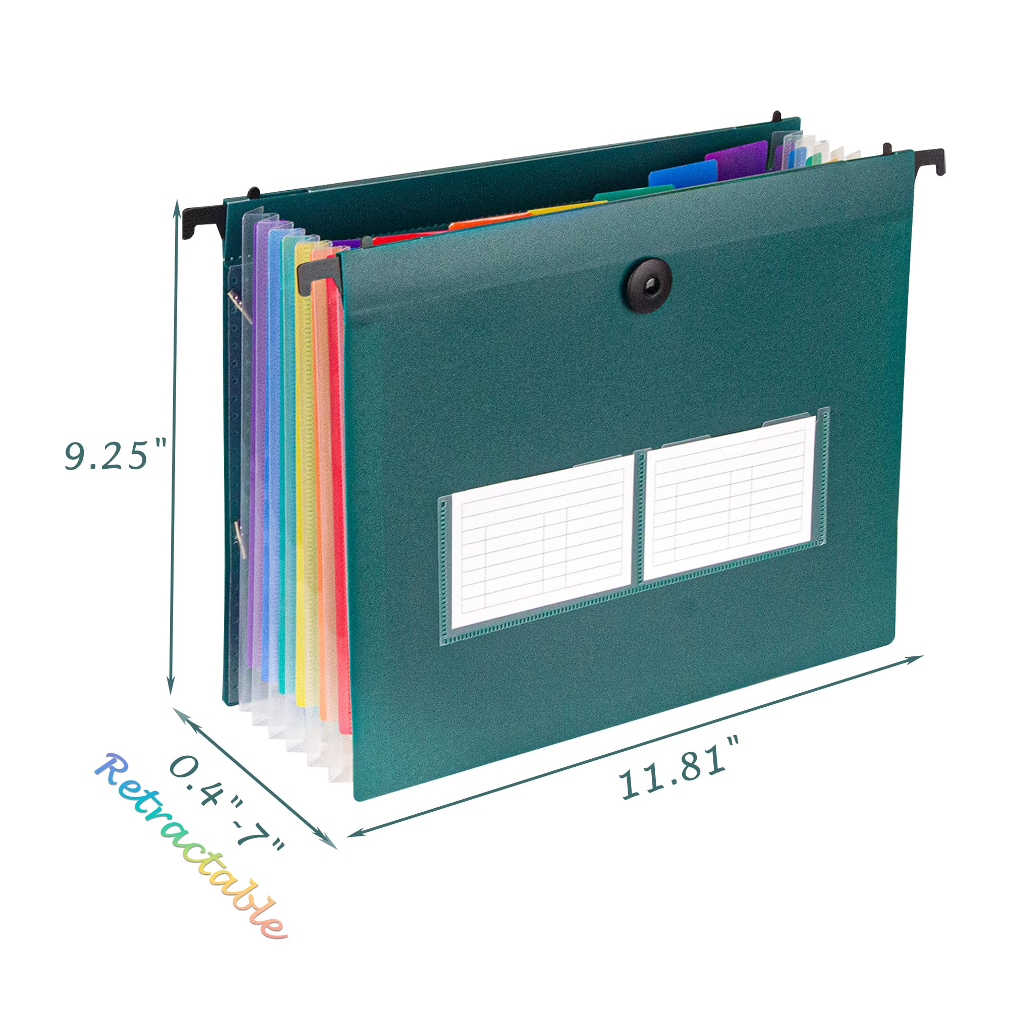 Plastic Hanging File Folders Set - 2 Pack (14 Pockets) Letter Size with Retractable Hooks, Expandable Waterproof File Organizer for Office, Home, Filing Cabinet - Black & Green for Documents, Receipts, Bills Organization