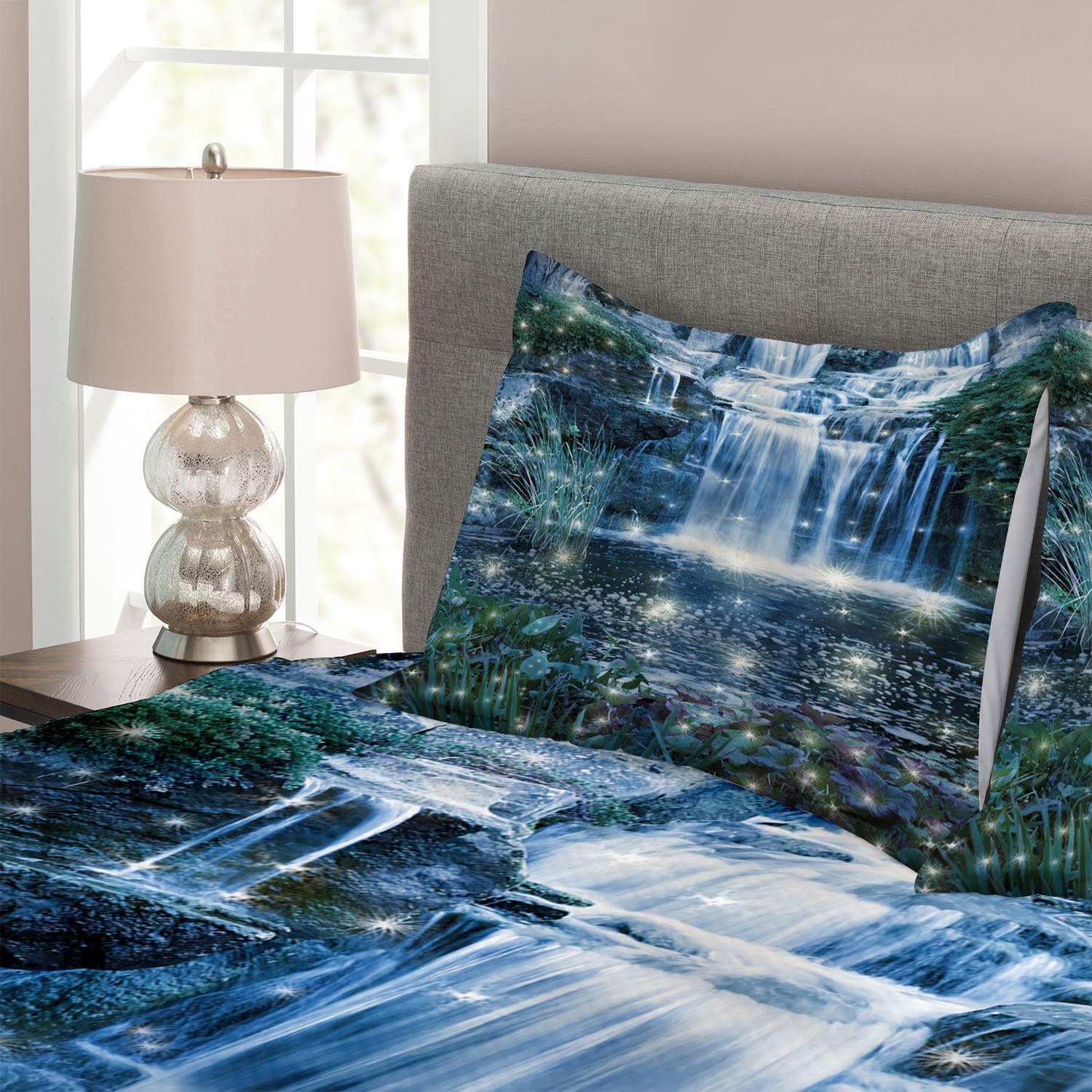 Ambesonne Magic 3-Piece King Size Bedspread Set with Water Landscape Print - Includes Decorative Coverlet & 2 Pillow Shams in Grey Green | Perfect for Master Bedroom, Guest Room & Coastal Themed Decor