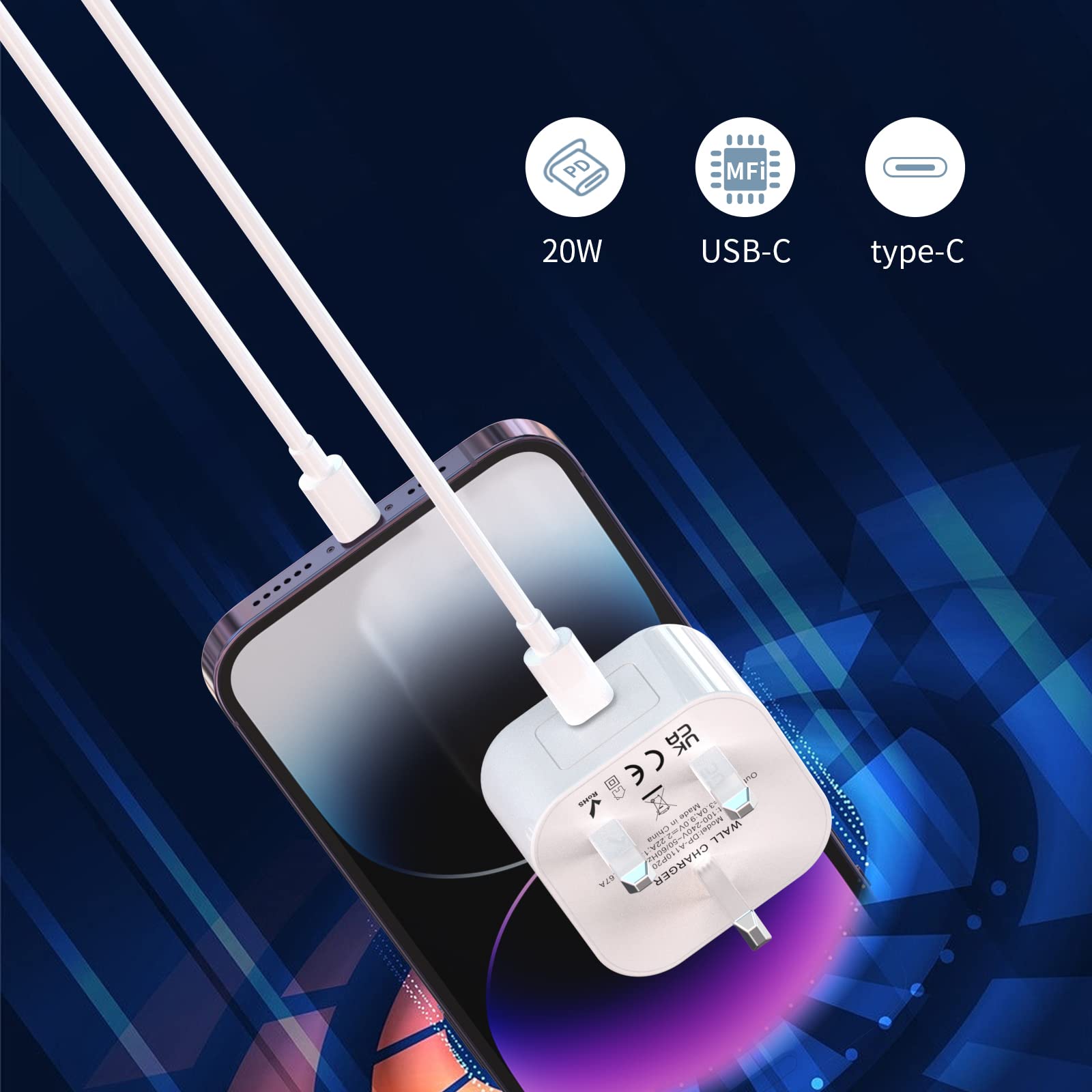 MFi Certified 20W Fast Charger for iPhone 14/13/12/11 Pro Max/X/XR - 2 Pack USB C to Lightning Cable with 6FT Long Cord & USB C Plug - Quick Charge for Home, Office & Travel