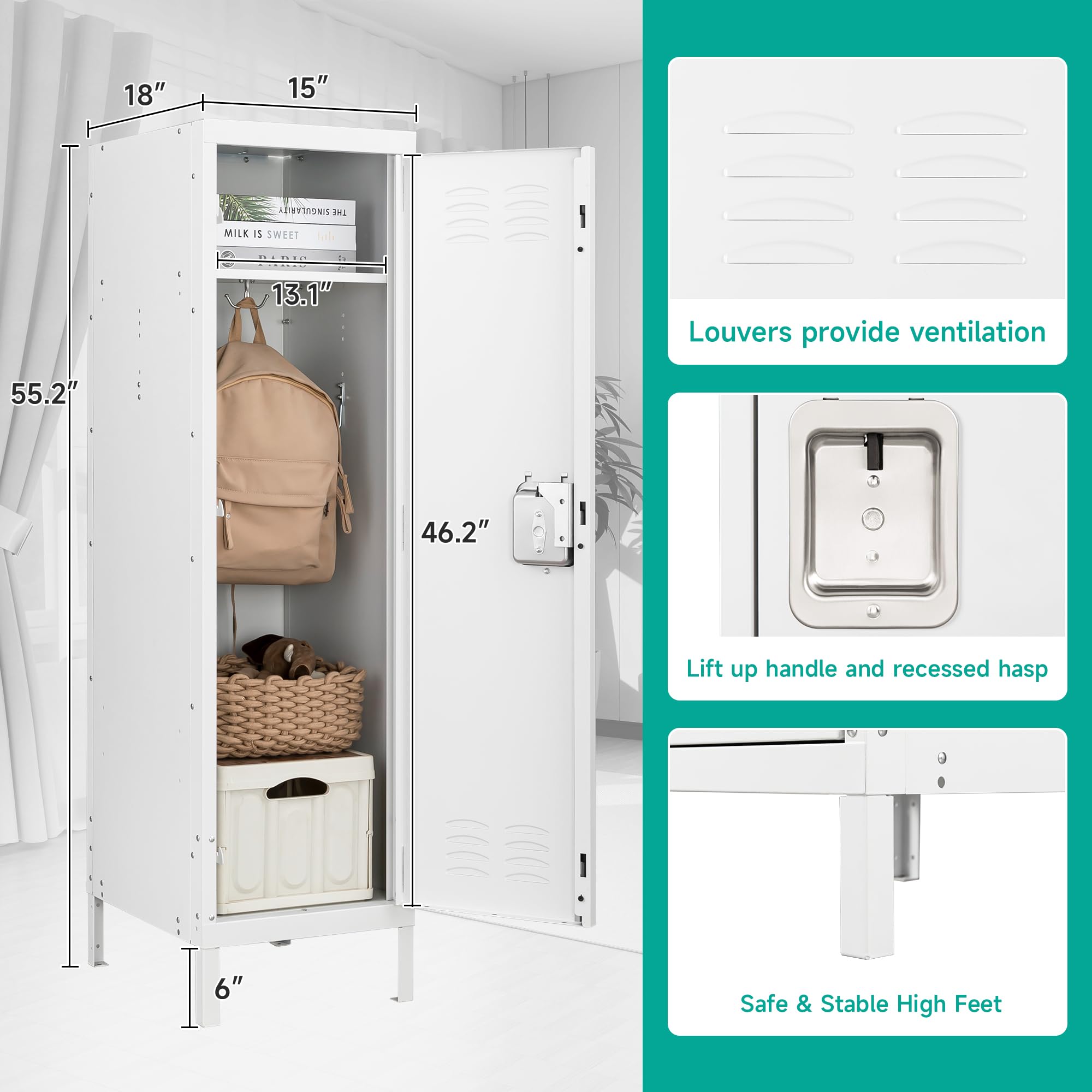 White Metal Storage Locker with Hooks - Single Door Steel Locker for Home, Office, Gym & School - Secure Employee Storage Solution for Clothes, Shoes & Personal Items