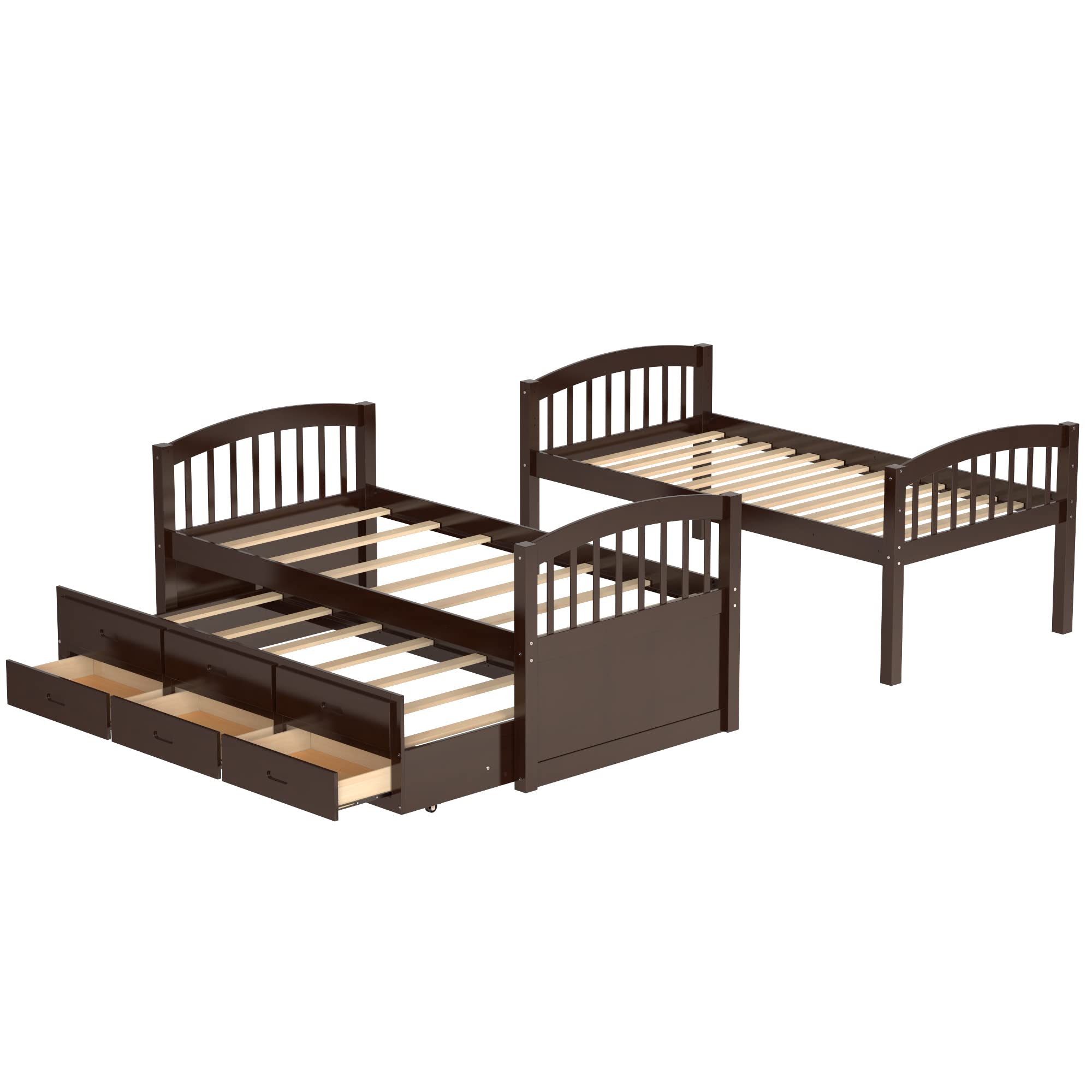 Harper & Bright Designs Solid Wood Twin Over Twin Bunk Bed with Trundle - 3 Storage Drawers, Safety Rail, Convertible to 2 Beds - No Box Spring Needed (Espresso) - Perfect for Kids' Bedroom, Guest Room & Space-Saving Solutions