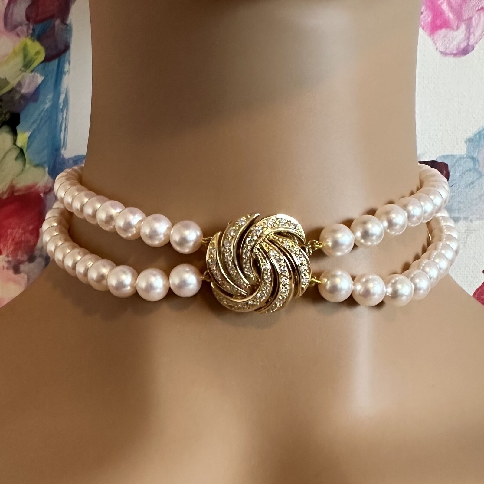 Authentic Mikimoto 18k Yellow Gold Diamond Double Strand 8mm Pearl Necklace - Elegant Jewelry for Weddings, Anniversaries & Special Occasions