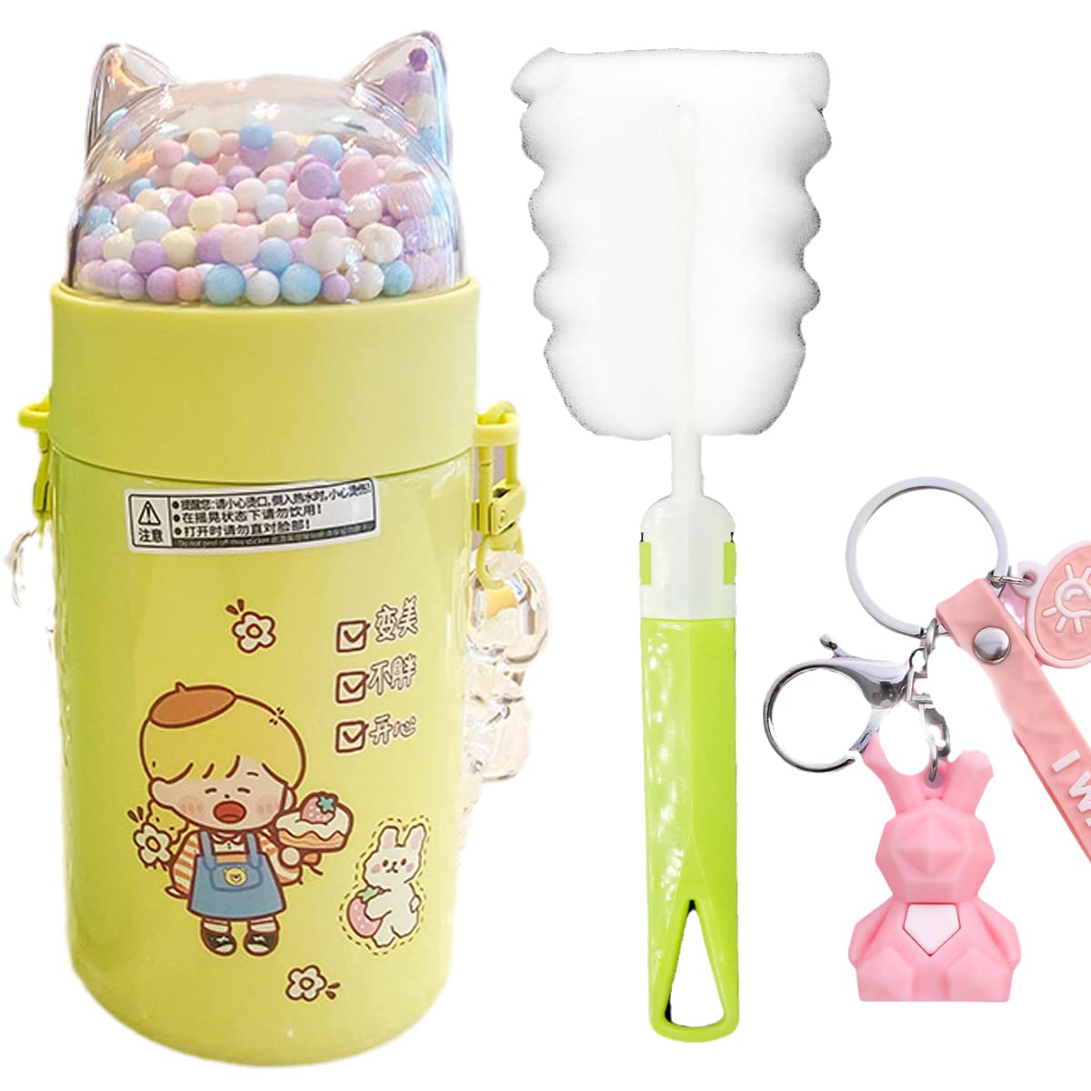 Sparkling Glitter Stainless Steel Water Bottle for Girls - 280ml Cat Sequins Lid with Crystal Strap, Insulated Thermos for School, Sports & Outdoor Activities - Perfect Birthday Gift for Kids (Yellow)