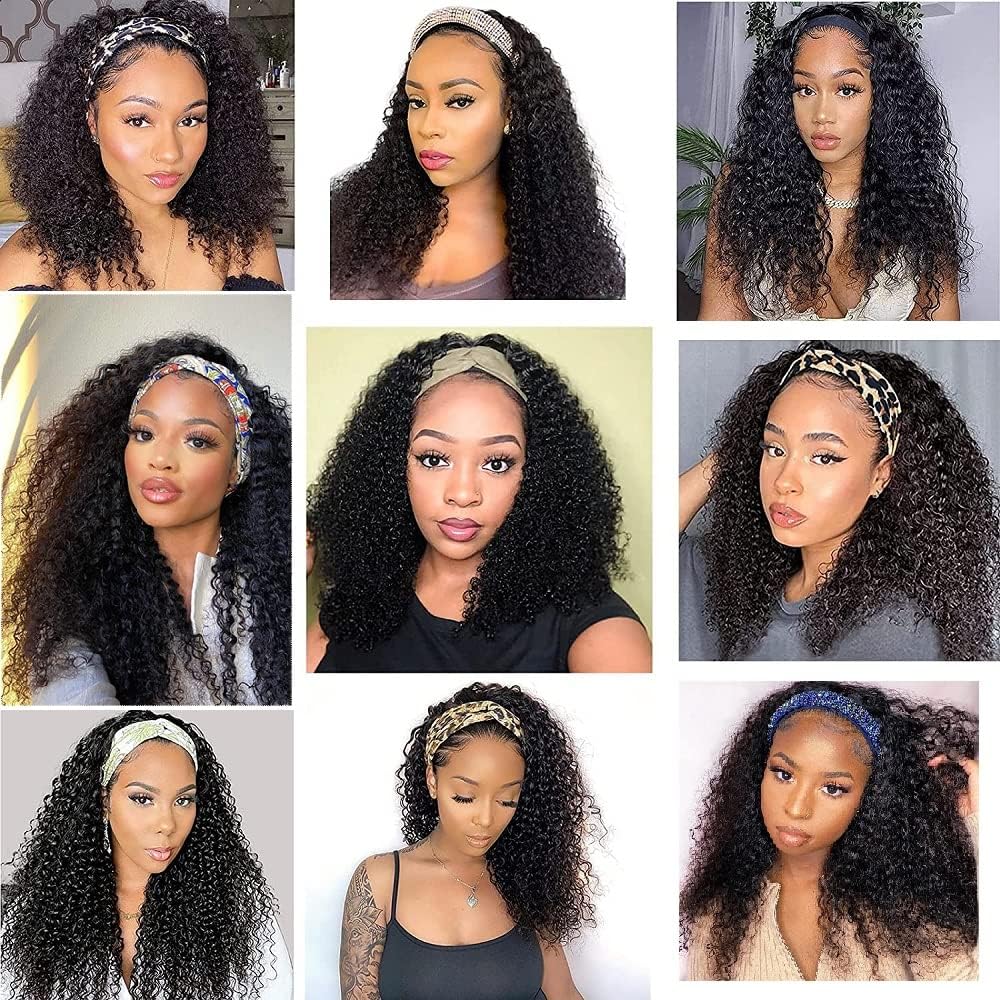 28 Inch Kinky Curly Human Hair Headband Wig for Black Women - Glueless No Lace Front Wig 150% Density (100% Human Hair) - Perfect for Daily Wear, Parties & Protective Styling