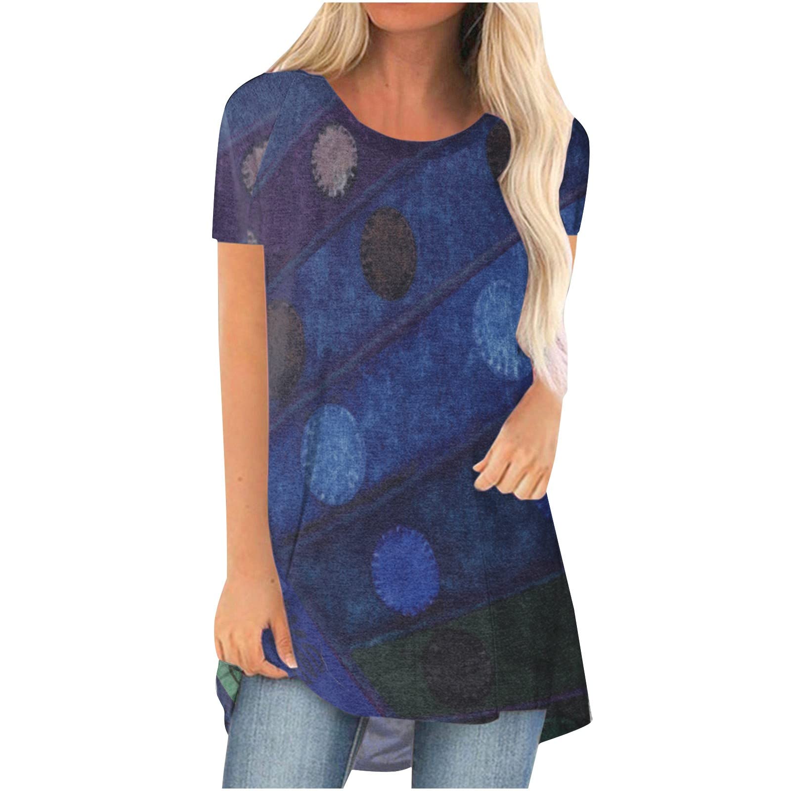 Yoeyez Women's Summer Graphic Print Tunic T-Shirt - Round Neck Short Sleeve Loose Fit Comfortable Casual Blouse for Beach, Vacation & Everyday Wear