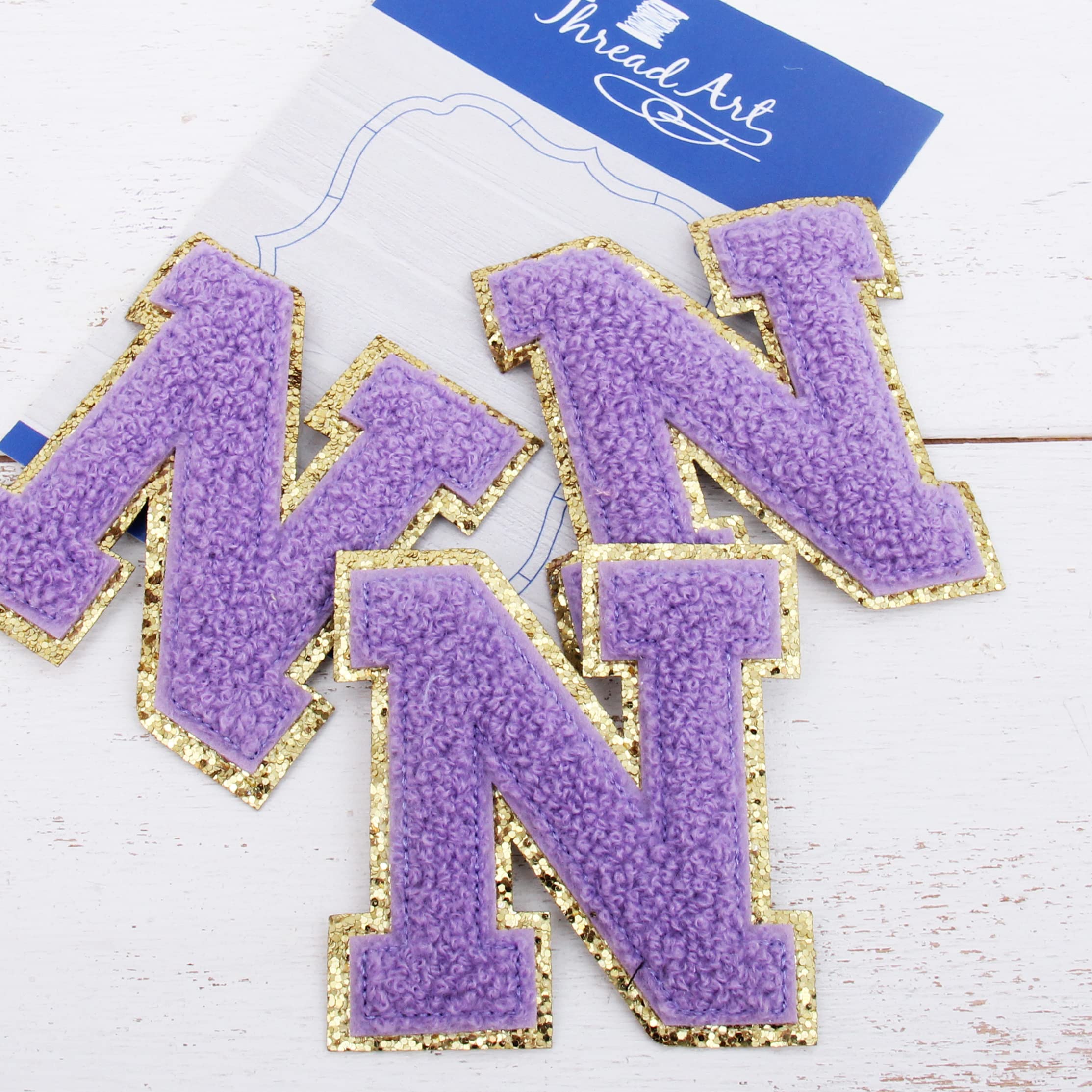 3 Pack Lavender Chenille Iron-On Glitter Varsity Letter Patches - 5cm Tall 
