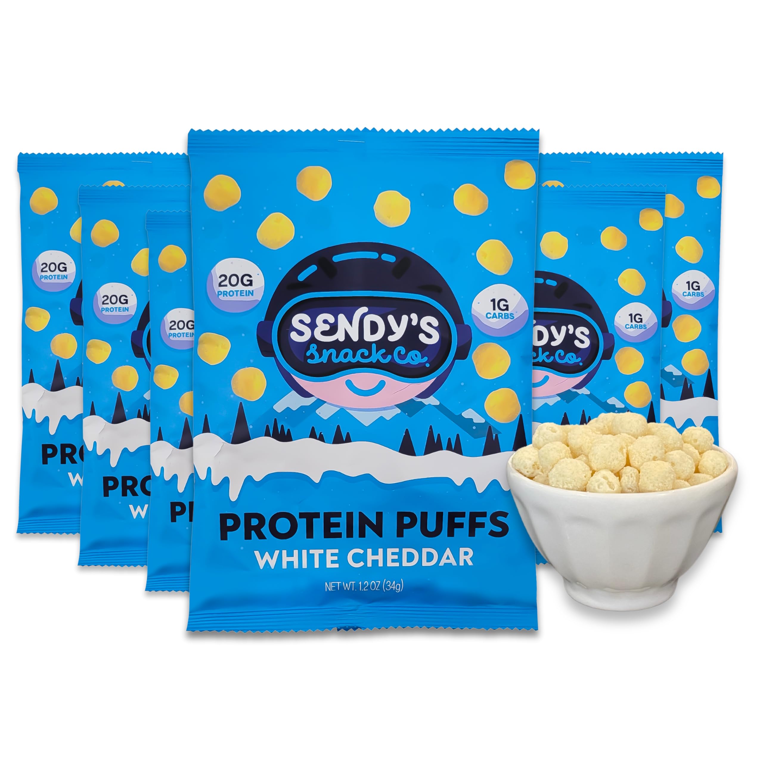 Sendy’s Protein Puffs - High Protein Cheese Snacks | Keto Friendly, Low Carb, Gluten Free | 20g Protein, 1g Net Carb | White Cheddar Flavor (6 Pack) - Perfect for Post-Workout, Keto Diet & Healthy On-The-Go Snacking