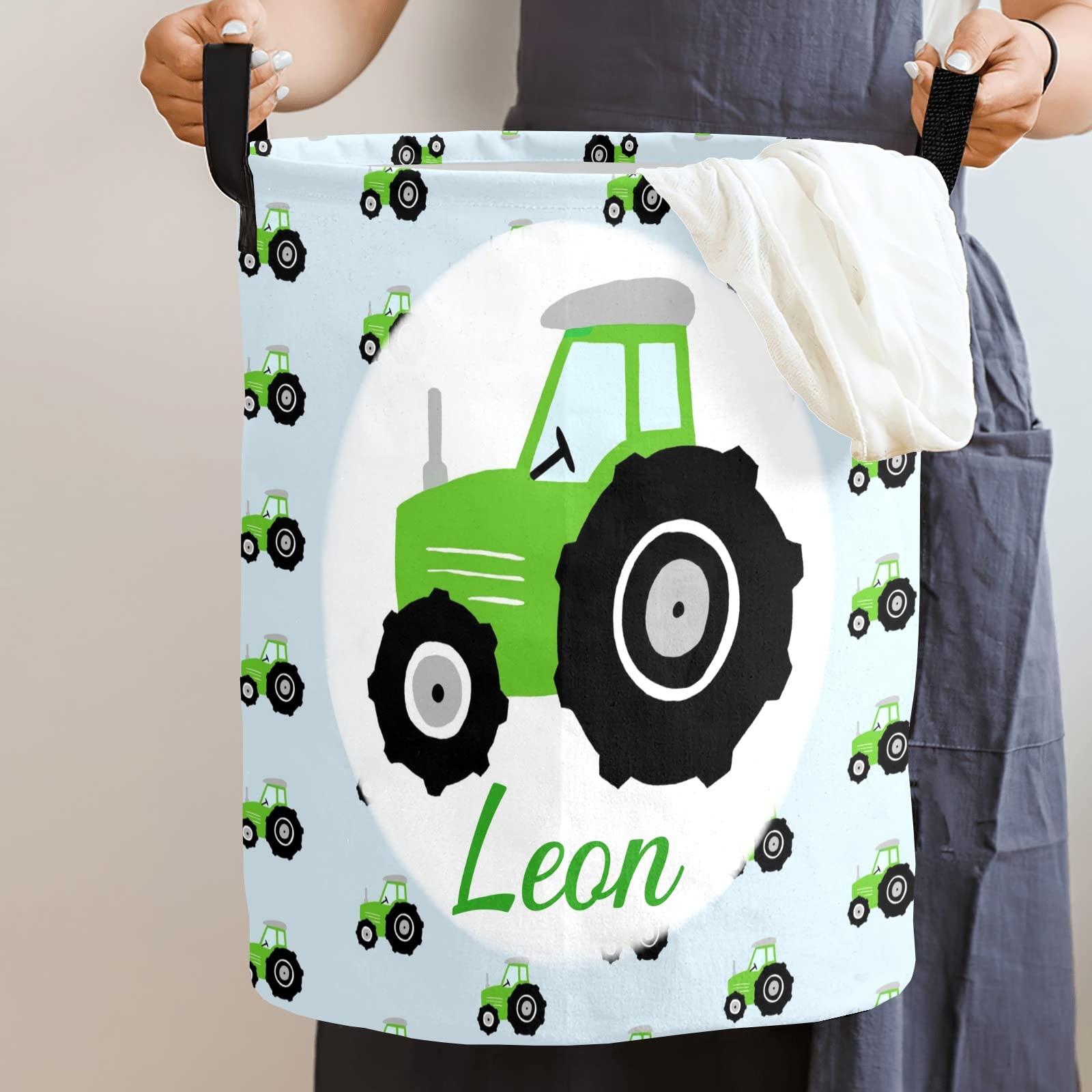 Custom Green Tractors Pattern Laundry Hamper - Personalized Name Storage Basket with Handle for Bathroom, Living Room & Bedroom | Durable Clothes Organizer for Kids Room, Nursery & College Dorm