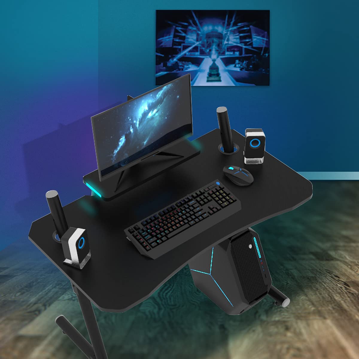 41 Inch Black Computer Gaming Desk with LED Lights & Monitor Stand - Adjustable PC Workstation for Home Office & Gaming Setup