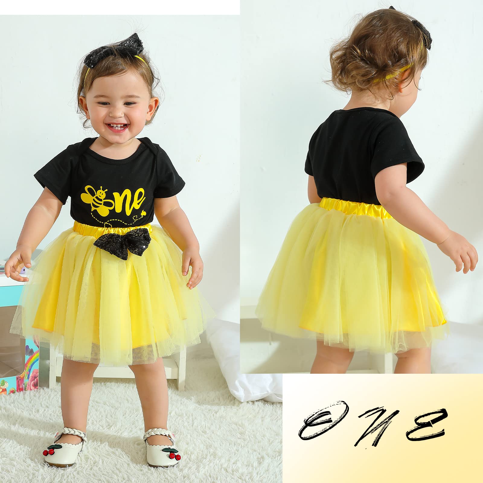 HappyBee Baby Girls' 1st Birthday Outfit - Sunflower Bee Romper with Tulle Tutu Skirt & Sequin Bow - Adorable Party Dress Set for Photoshoots, Birthday Celebrations & Special Occasions