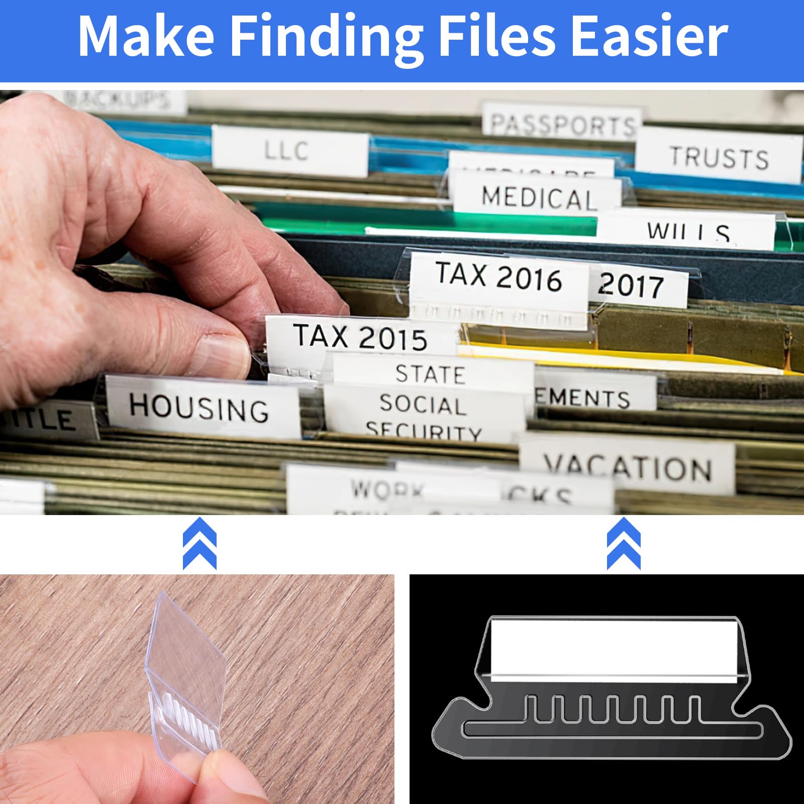 120 Pcs Plastic Hanging File Folder Tabs with 200 Inserts - Clear Hanging File Tabs for Office Organization | Perfect for Filing Cabinets, Document Storage & Office Supplies
