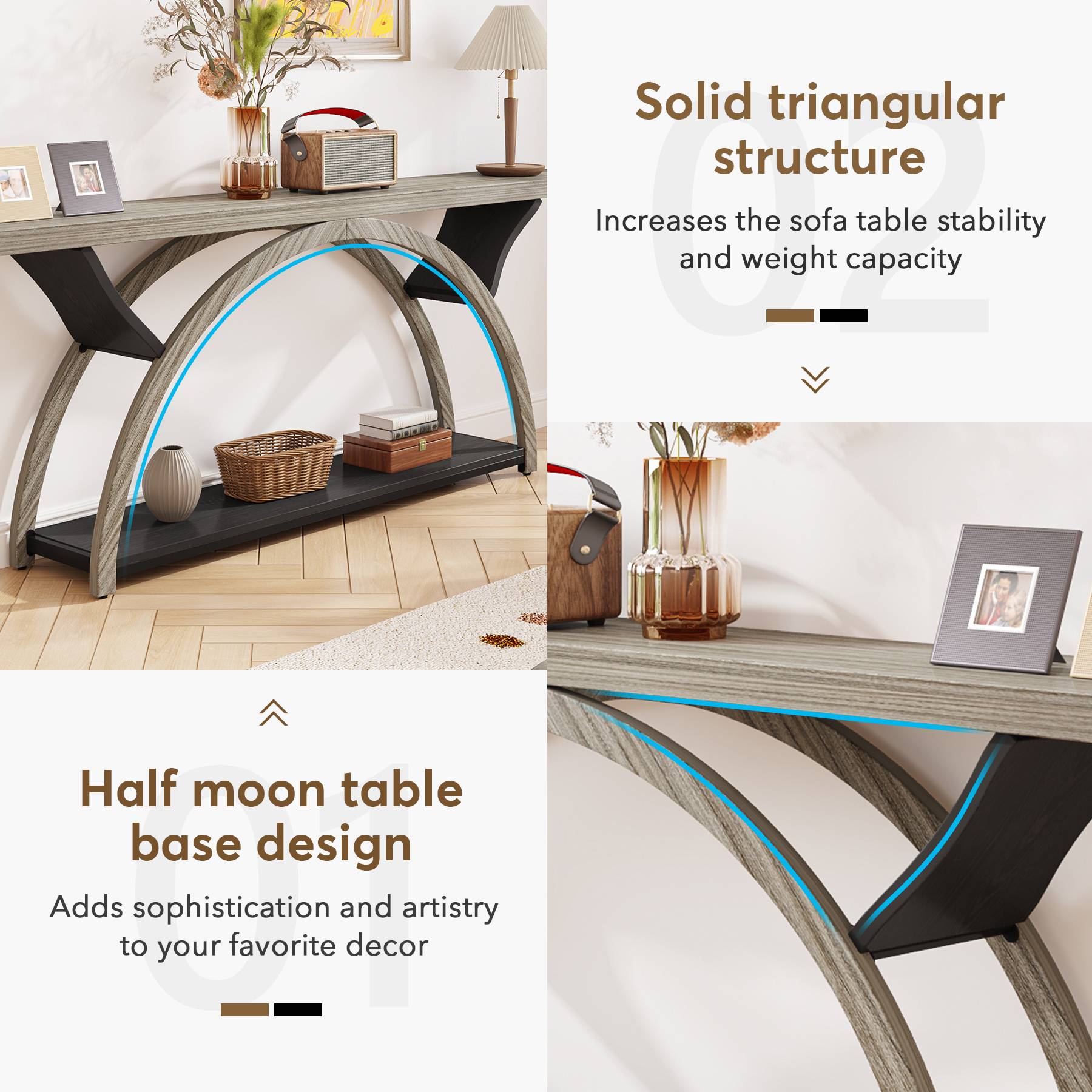 2 Tier Console Table with Half Moon Frame - 70.9
