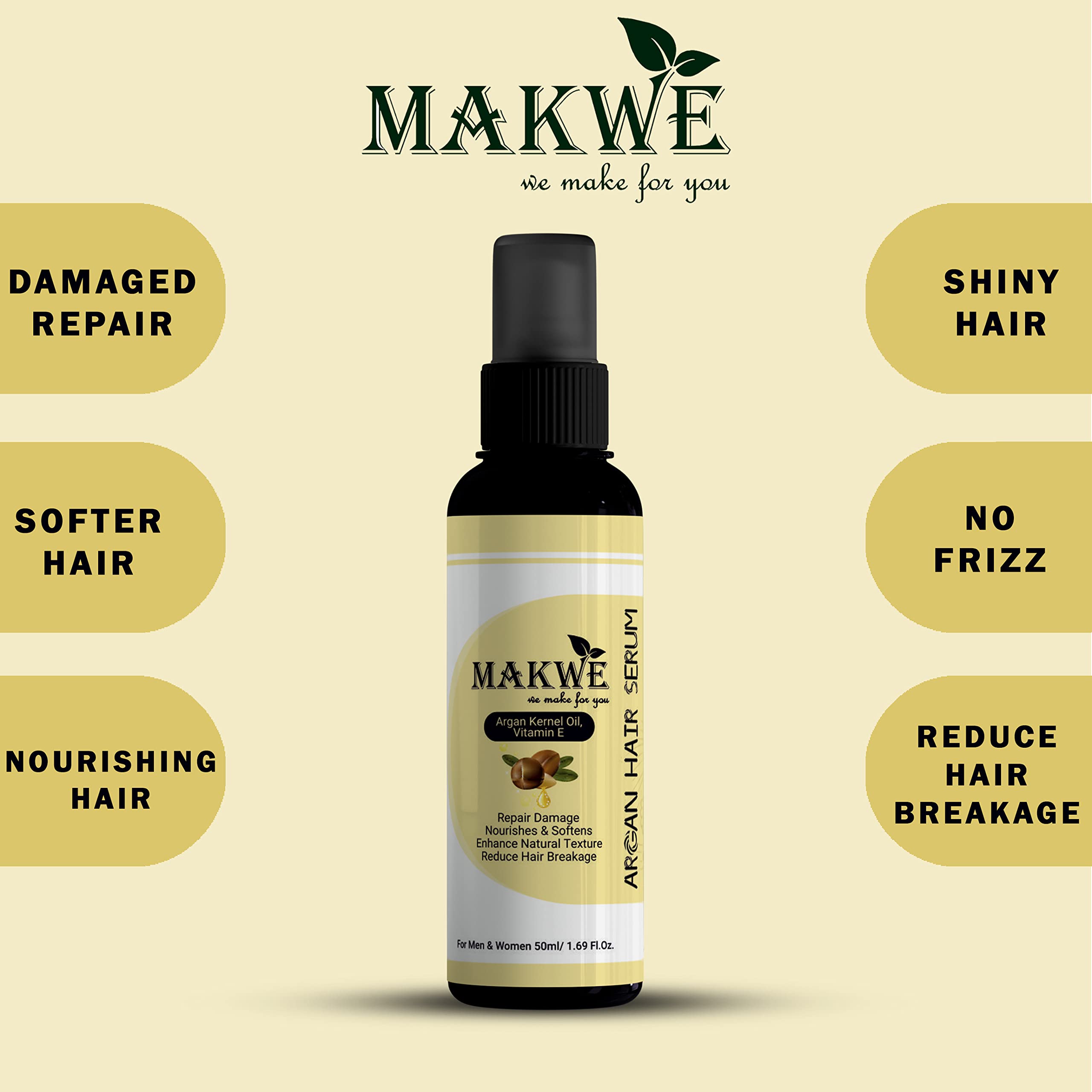 MAKWE Moroccan Argan Oil Hair Serum for Women & Men - Smooth, Frizz-Free & Glossy Hair Treatment with Vitamin E - 50ml (2 Pack) - Perfect for Daily Hydration, Heat Protection & Styling