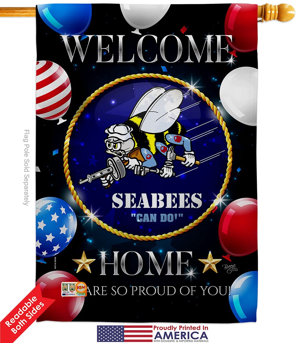 Navy Welcome Home Seabee Garden House Flags Kit - Double-Sided 28x40 Inch US Military Veteran Yard Banner - Armed Forces USN Patriotic Decor Made in USA - Perfect for Front Yard, Porch & Military Homecoming Celebrations