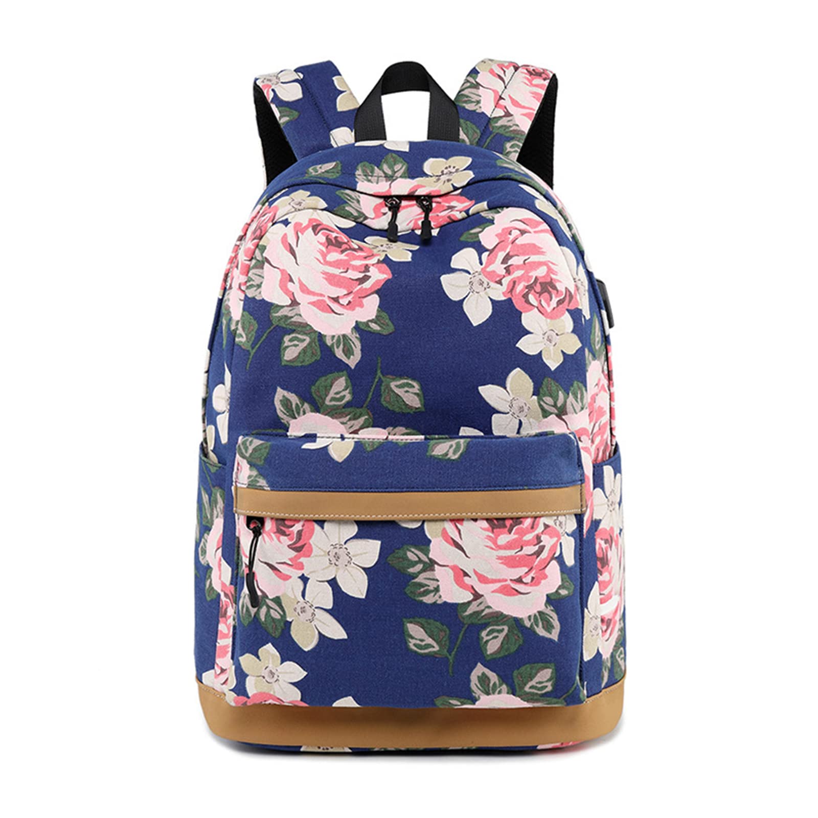 Durable Floral Backpack for Women & Teens - School Bag with Laptop Compartment & USB Charging Port - Travel Backpack for Students, Office & Daily Commute - Deep Blue Bookbag for College & Work