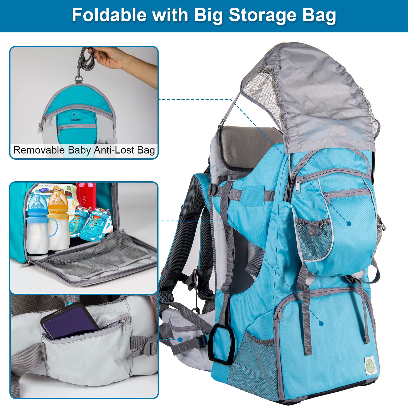 Baby Backpack Carrier - Adjustable Padded Toddler Hiking Backpack with Rain Cover & Sun Shade, Large Storage & Insulated Pockets for Safe Outdoor Adventures - Perfect for Hiking, Camping, and Family Travel
