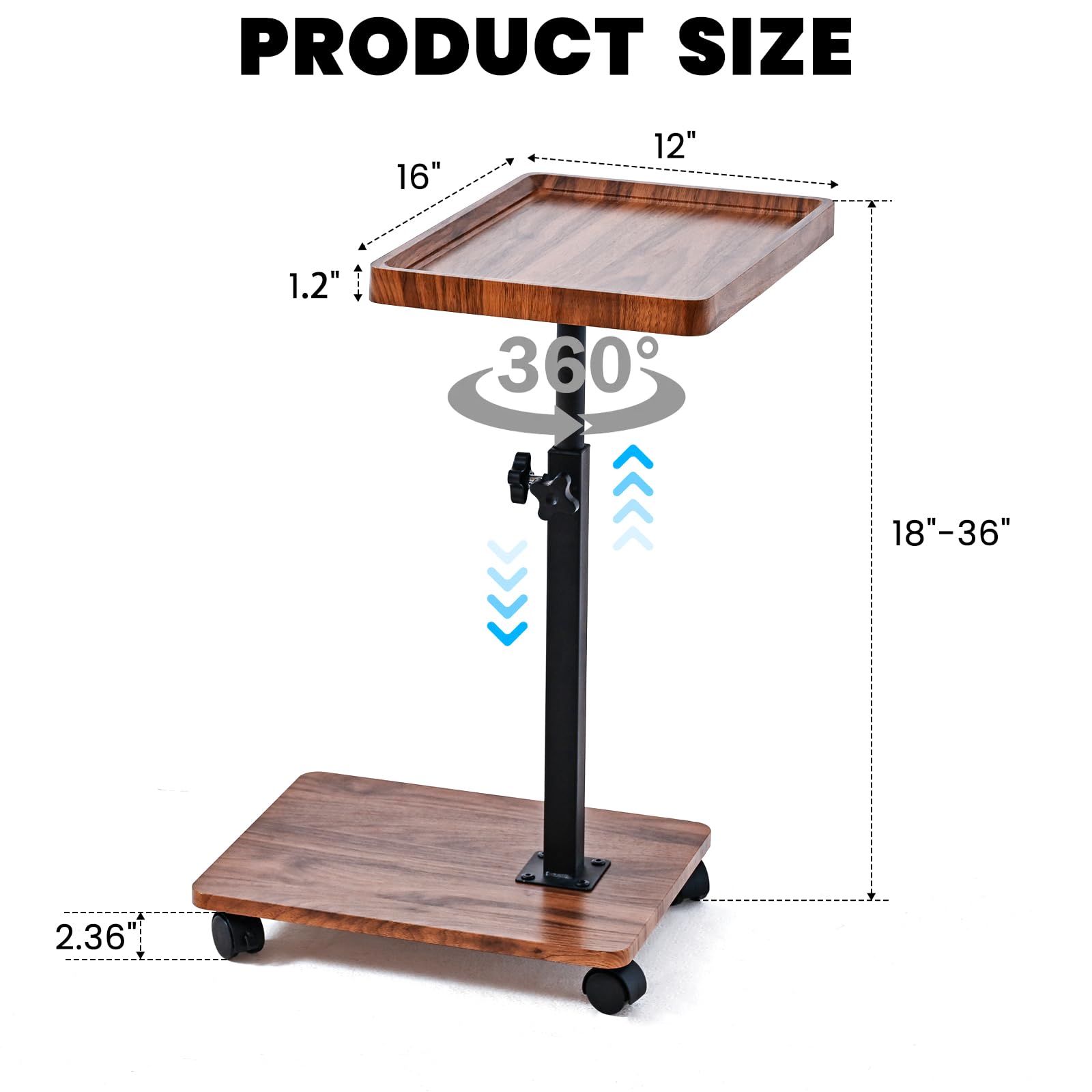 Adjustable Height C-Shaped End Table with 360° Swivel - Walnut Color Side Table for Couch, Bed, Chair & Bathtub - Perfect for Snacks, TV Trays & Sliding Under Furniture