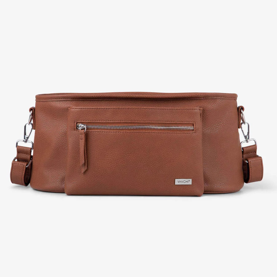 Vanchi Pram Caddy Pebbled Tan - Stylish and Functional Stroller Organizer for Diaper Bags & Baby Essentials - Perfect for Shopping, Travel & Daily Walks