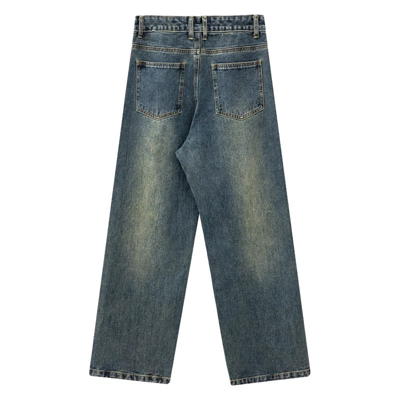 American Style Men's Denim Jeans - Straight Wide Leg Loose Fit with Metal Design, Solid Color Wash | Summer Casual Wear for Men | Perfect for Outdoor Activities, Street Fashion, and Everyday Comfort (9W1984)