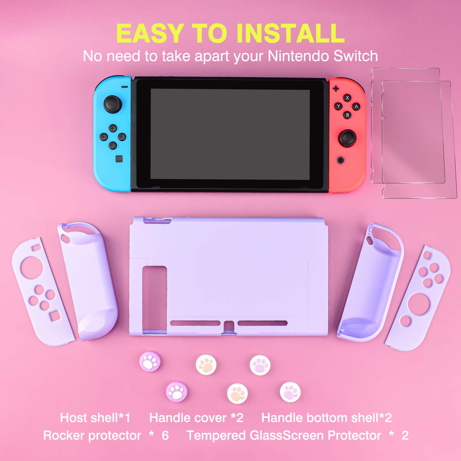 DLseego Shockproof Protective Case for Nintendo Switch - Anti-Scratch Cover with 2 Tempered Glass Screen Protectors & 6 Thumb Grips (Purple) | Perfect for Travel, Gaming On-The-Go and Switch Console Protection