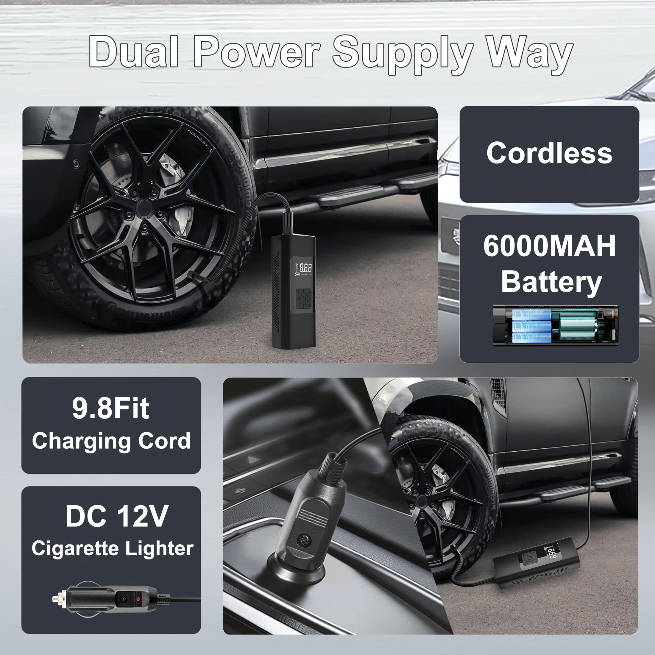 Portable Electric Air Pump for Car Tires - 150 PSI Cordless Rechargeable Tire Inflator with Pressure Gauge, Fast 3X Inflation - Perfect for Emergency Roadside Use, Travel, and Home Garage Maintenance