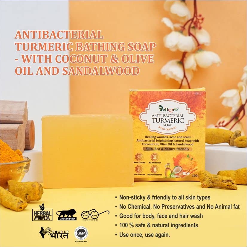 WELLMEE Anti-Bacterial Turmeric Handmade Soap with Coconut Oil & Olive Oil - Natural Brightening, Acne Treatment & Scar Healing Soap (100g) - Perfect for Daily Skincare & Wound Care