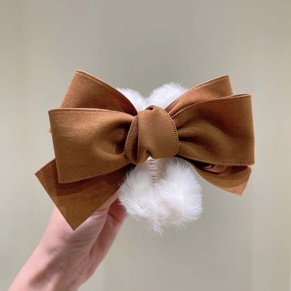 Cute Plush Hair Claws for Women - Soft Faux Fur Ponytail Holder with Bow Ribbon, Acrylic Hairpins & Jaw Clips for Thick Hair (Khaki) - Perfect for Daily Styling, Parties & Gifts
