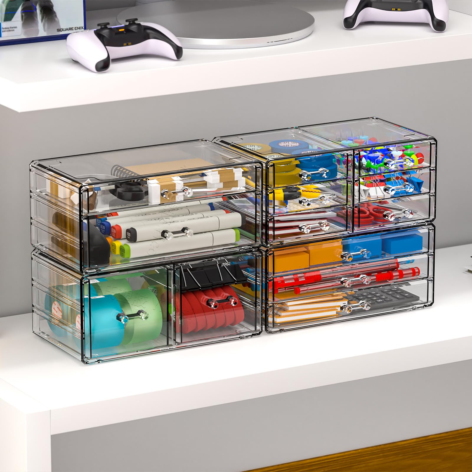 4-Pack Clear Acrylic Drawer Organizer - Stackable 13-Drawer Makeup Storage Cube for Dresser, Hair Clips & Beauty Products - Perfect for Vanity, Bathroom & Desk Organization (13.5
