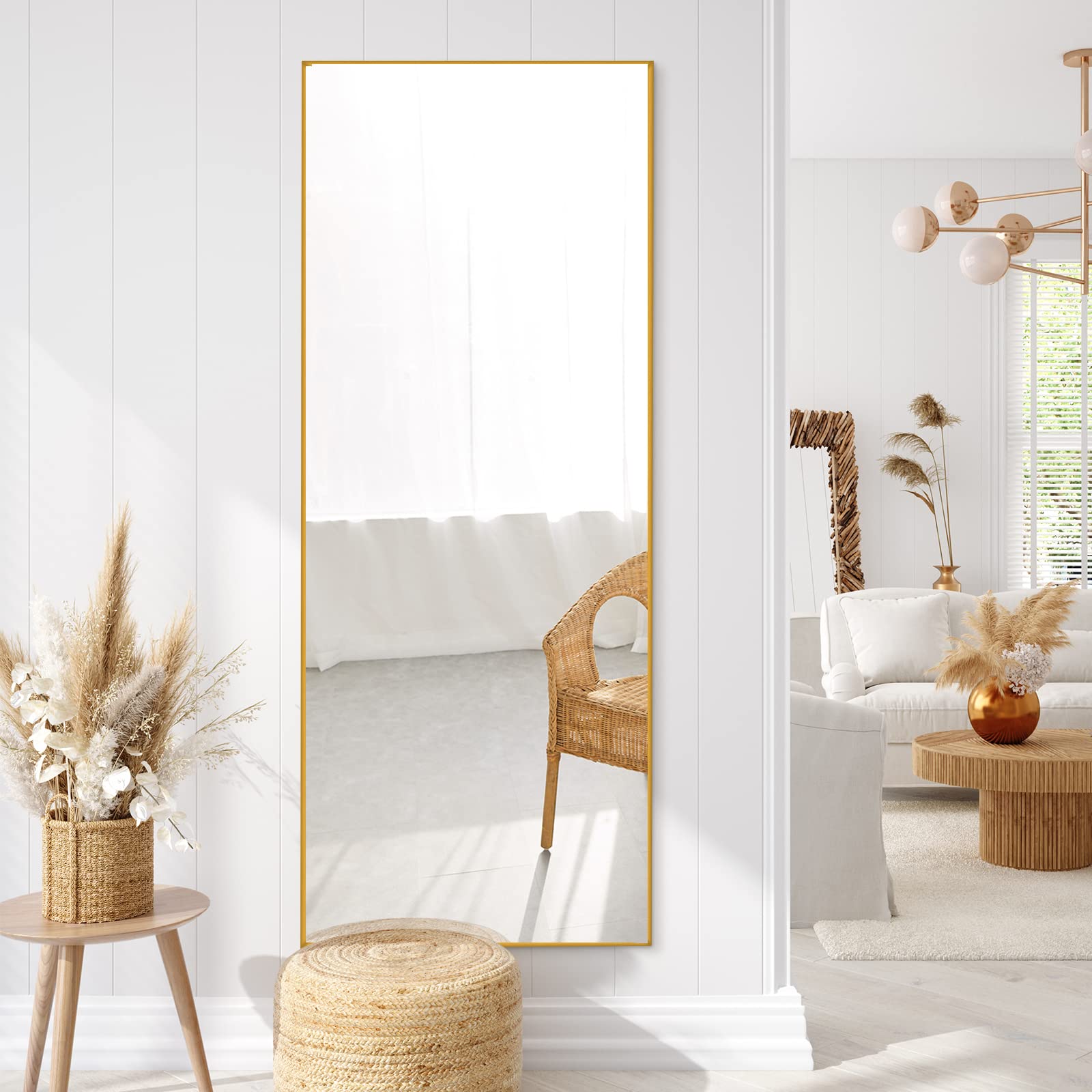 NeuType 63x20 Inch Full Length Mirror - Large Floor Mirror with Stand, Wall-Mounted or Leaning Body Mirror for Bedroom, Living Room, Dressing Room - Durable Aluminum Alloy Frame in Gold | Perfect for Outfit Checks, Home Decor & Selfie Background