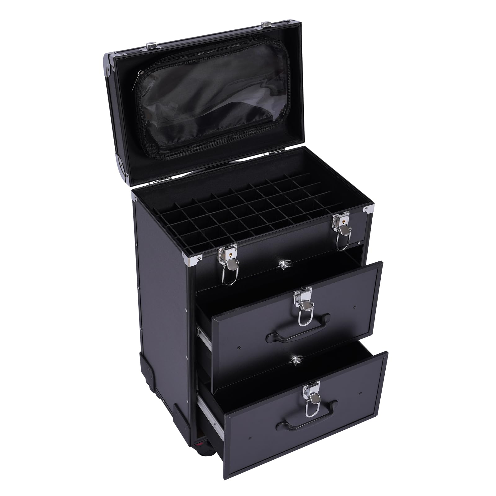 Black 22.8 Inch Spinner Wheel Makeup Suitcase - Travel Cosmetic Organizer with Drawer Storage for Lipstick & Nail Polish | Perfect for Professional Makeup Artists, Salon Stylists & Beauty Travel Accessories | Great for Air Travel, Bridal Makeup Kits & Mobile Beauty Services