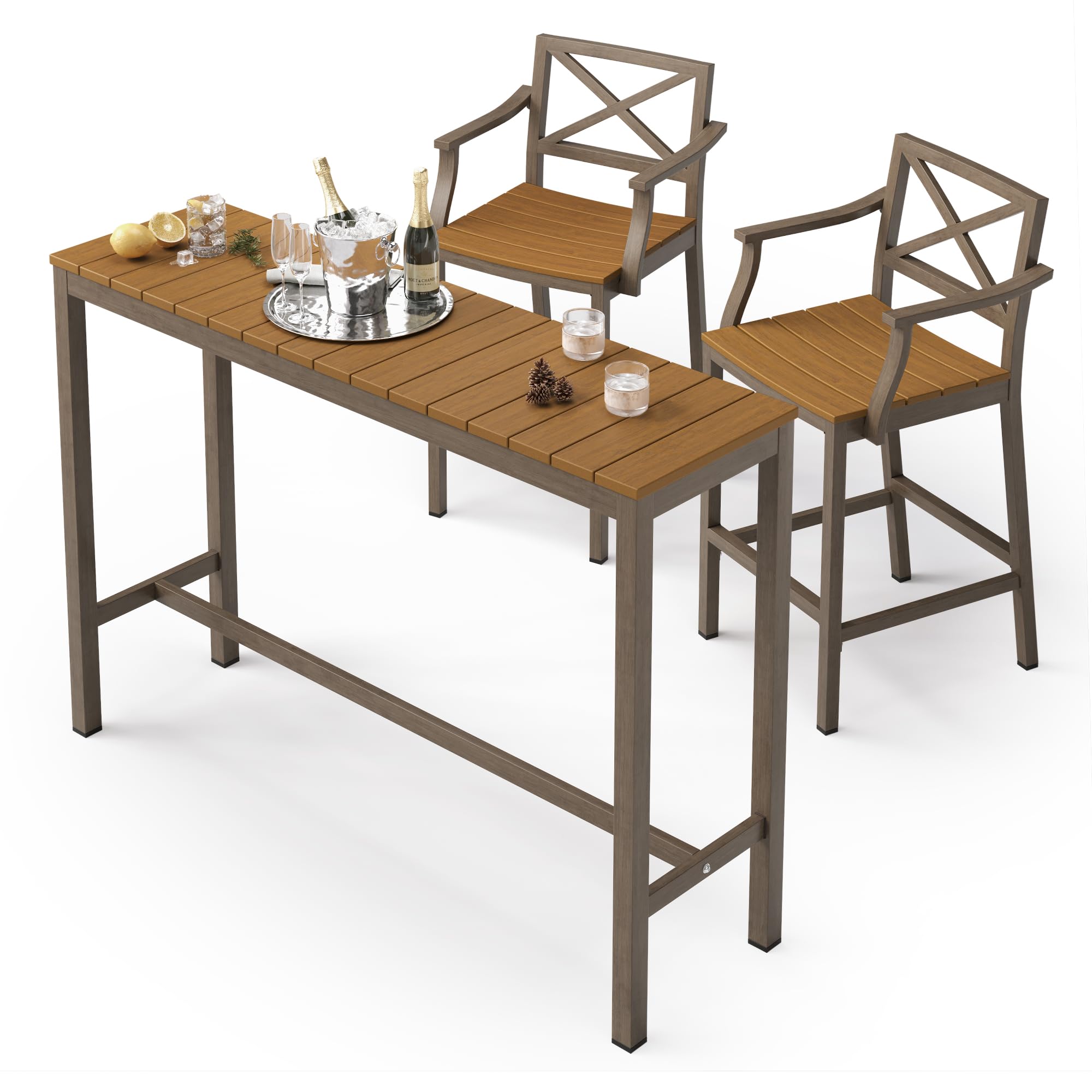 Outdoor Bar Height Table and Chairs Set - 3 Piece Patio Pub Bar Set with 55