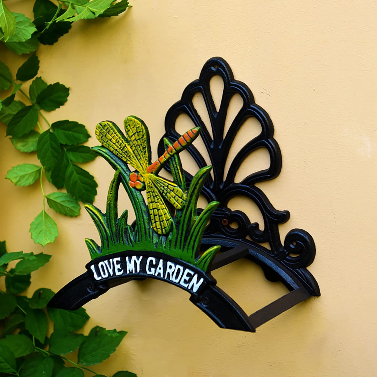 Heavy Duty Cast Iron Garden Hose Holder - Wall Mounted Hose Hanger for 50FT 75FT 100FT Water Pipe Storage | Decorative Dragonfly Design | Perfect for Yard, Lawn, and Outdoor Watering Organization