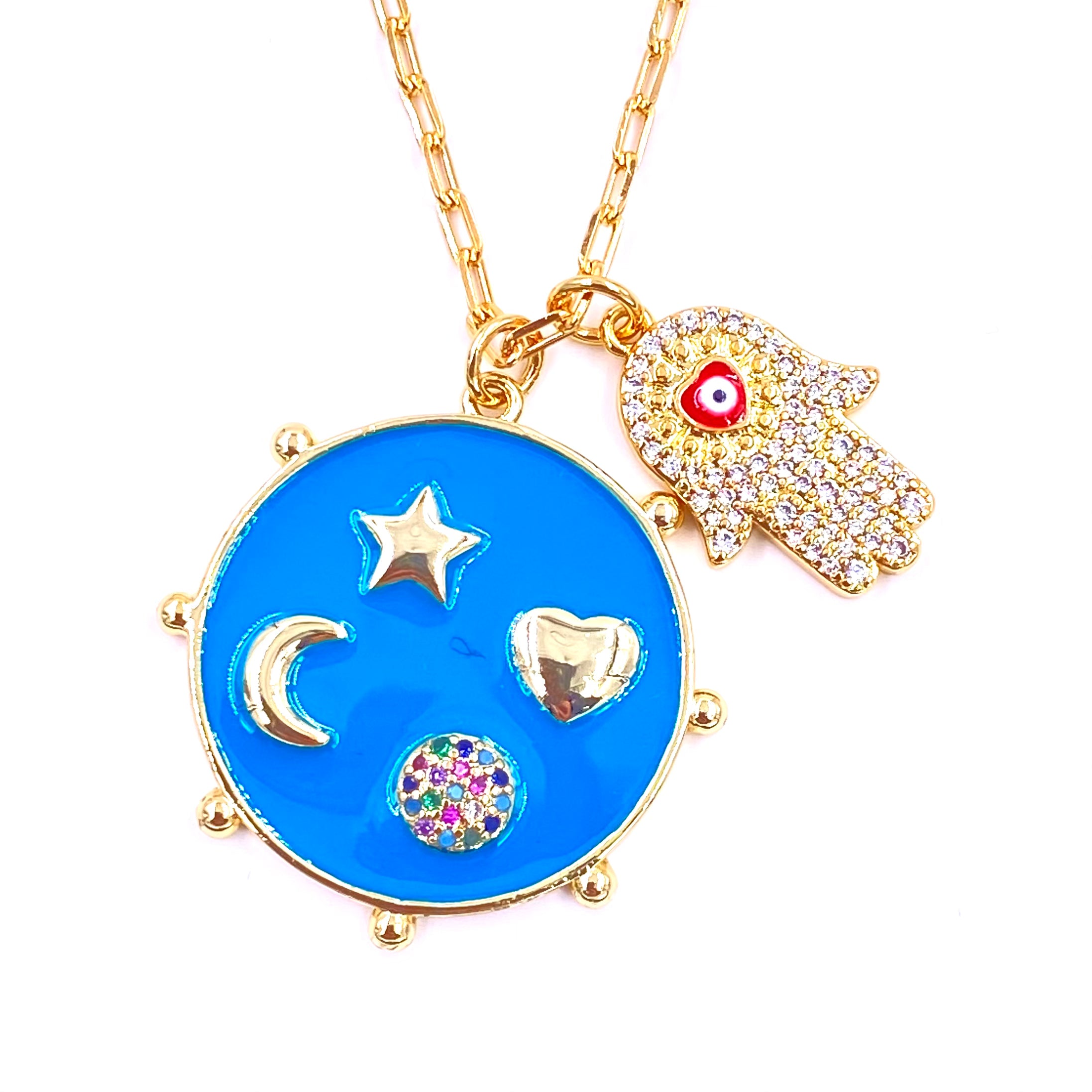Stainless Steel Gold Plated Blue Enamel Hamsa Hand Pendant Necklace with CZ & Evil Eye Charm - Elegant Jewelry for Women, Perfect for Gift Giving, Boho Fashion & Spiritual Protection
