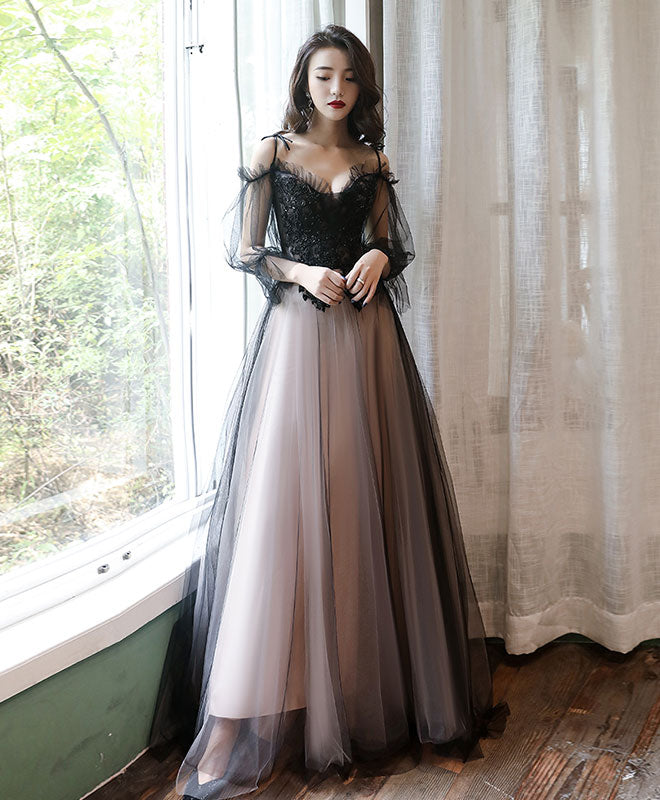 Elegant Black Tulle A-Line Lace Long Prom Dress - Formal Evening Gown for Homecoming, Wedding, and Special Occasions