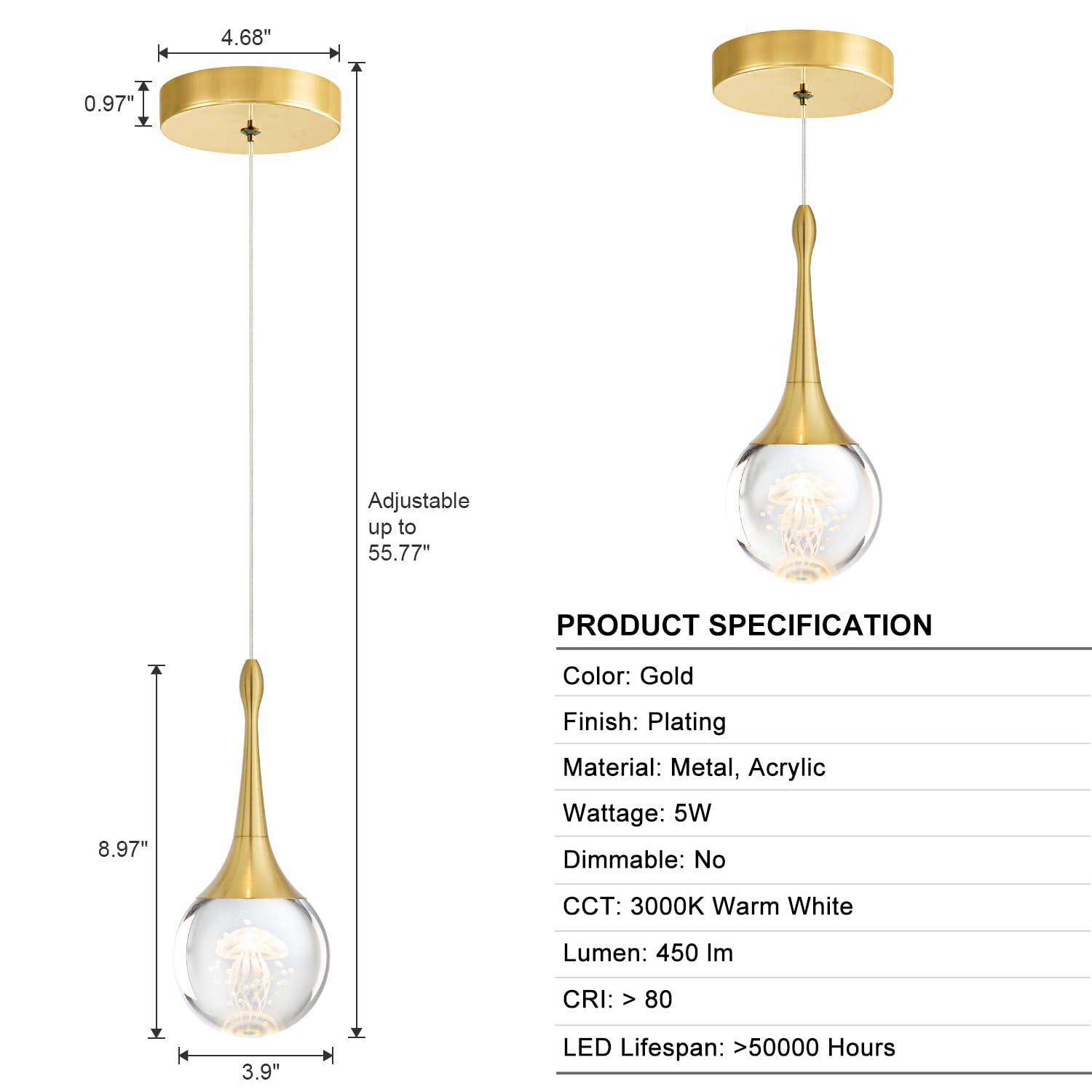 CHYING Mini LED Crystal Teardrop Pendant Light - 3000K Warm White Gold Hanging Ceiling Light for Kitchen Island, Bathroom, Dining Room & Bar - Elegant Globe Jellyfish Lighting for Modern Home Decor
