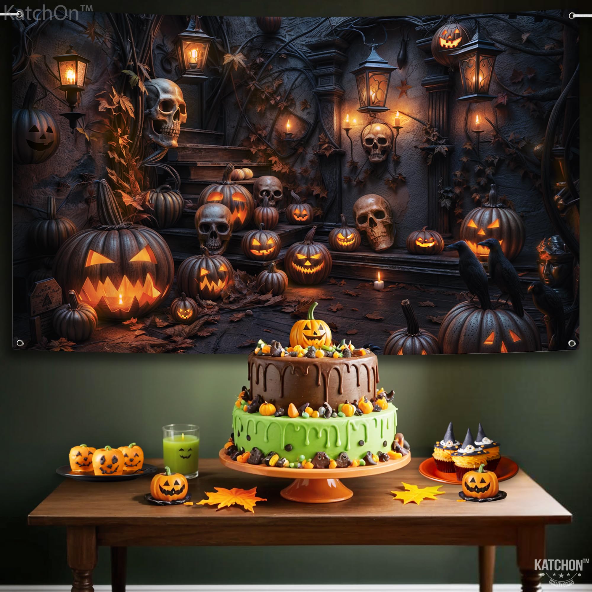 KatchOn Extra Large Halloween Backdrop 72x44 Inch - Spooky Party Decor, Pumpkin Photo Booth Background for Halloween Celebrations & Themed Events