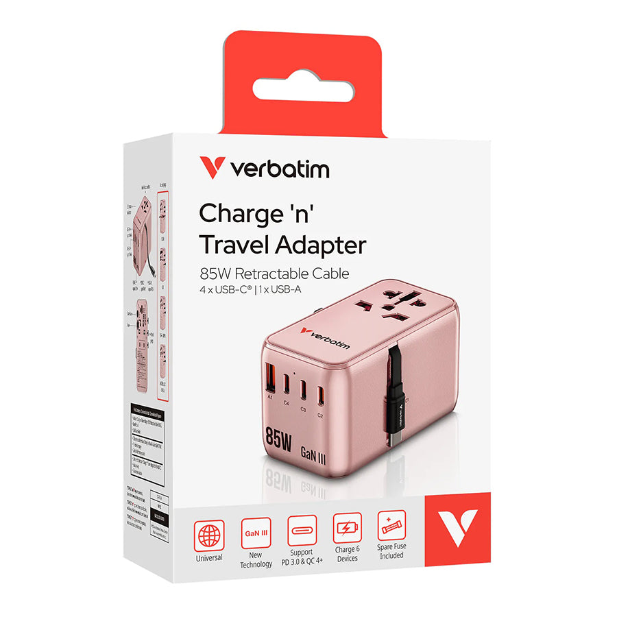 VERBATIM 85W Charge 'N' Travel Adapter - Pink | Universal Power Converter for Laptops & Devices | Perfect for Business Travel & International Vacations