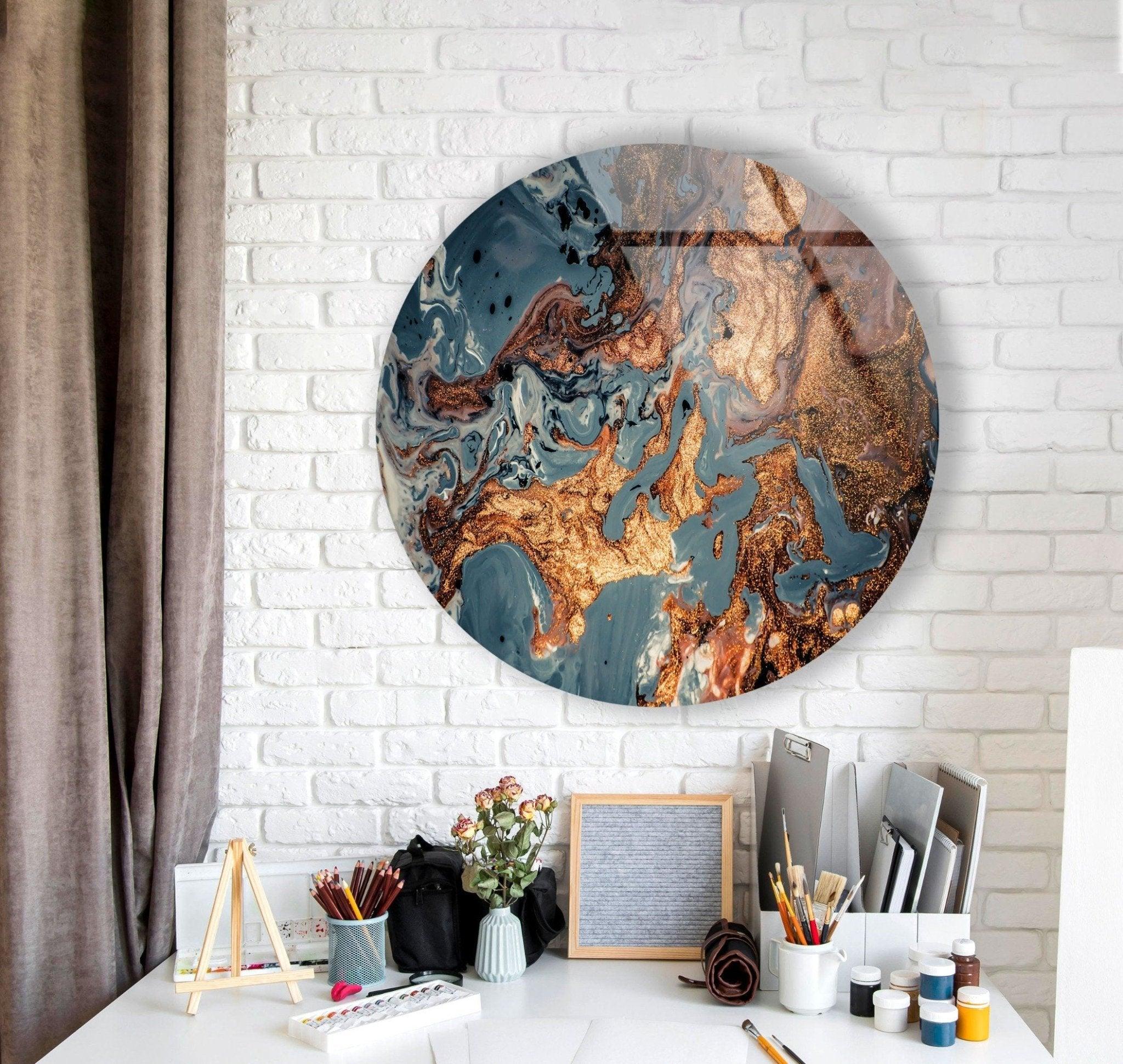 Abstract Round Copper Glass Wall Art - Modern Home Decor for Living Room, Bedroom & Office - Elegant Handmade Metal Wall Sculpture for Unique Interior Design