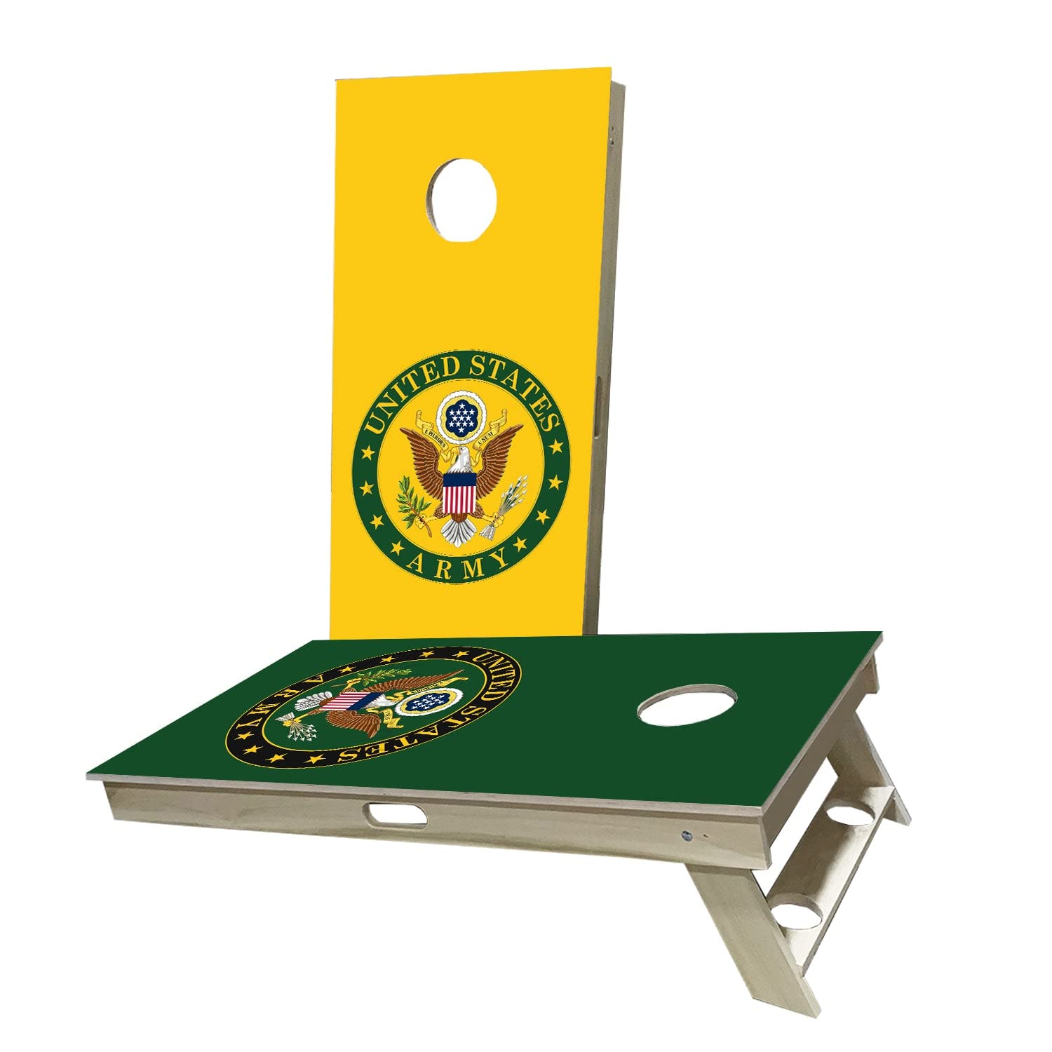 Skip's Garage US Army Themed Cornhole Board Set - Yellow & Green Outdoor Game with 2 Boards & 8 Bags - Perfect for Backyard BBQs, Tailgating & Military Appreciation Events