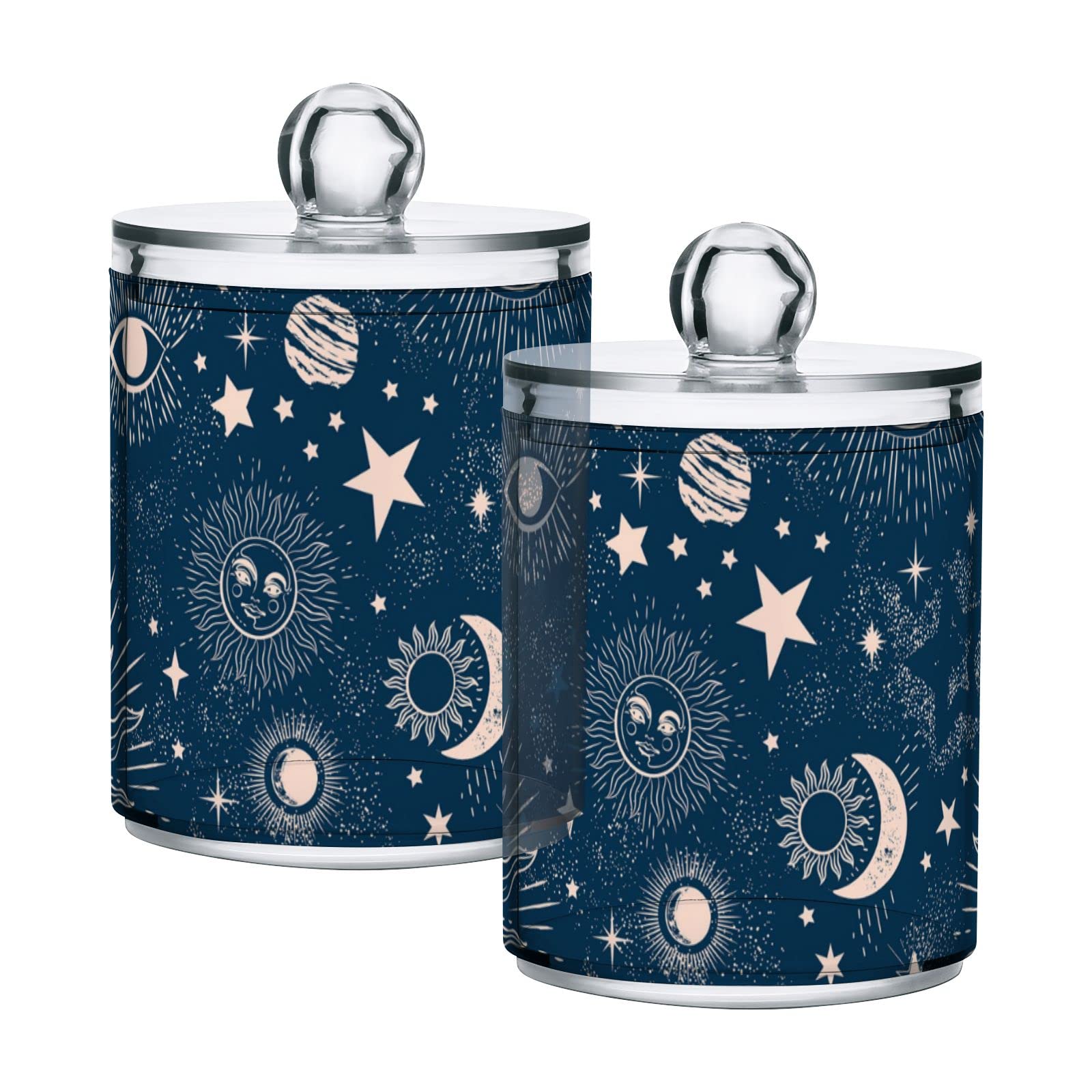Galaxy Themed Plastic Storage Jars with Lids - Set of 2 Translucent 10oz Containers for Cotton Swabs, Tea, Cookies & Dry Food Storage | Space & Zodiac Star Design on Dark Blue | Perfect for Kitchen Pantry Organization & Bathroom Essentials