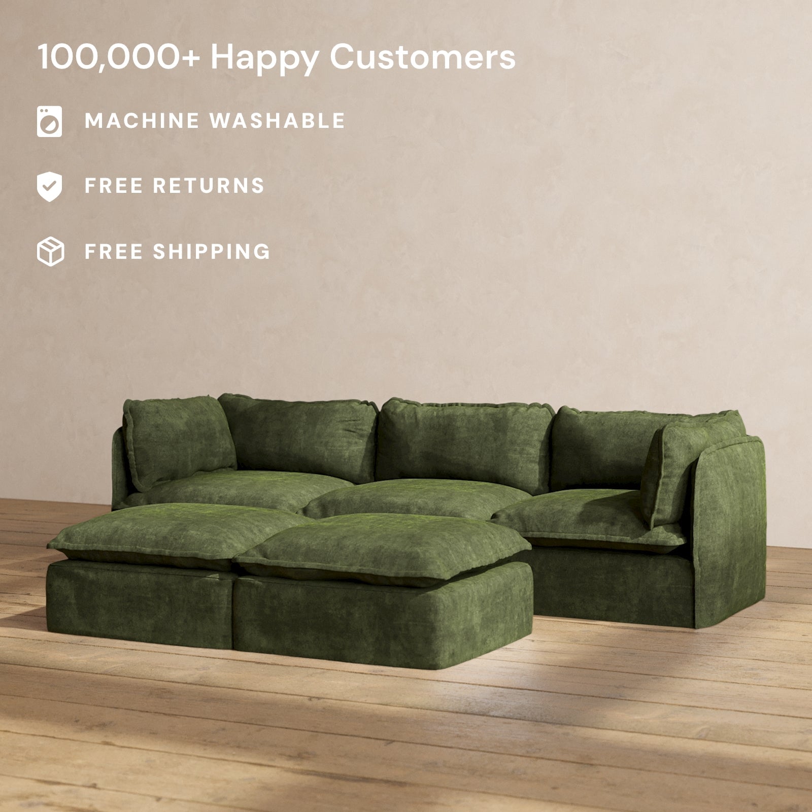 Modular Performance 3-Seater Sofa with Ottoman Bench in Olive Green | Premium Comfort Blend for Living Room, Lounge & Family Room Relaxation