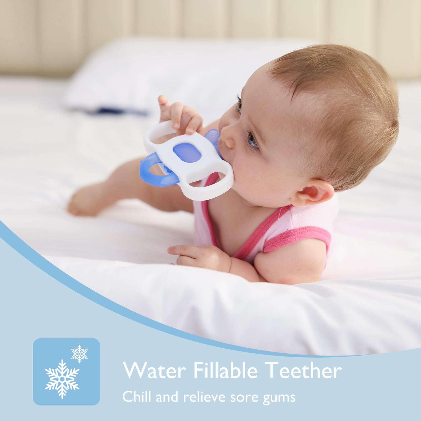 Momcozy Baby Teether Toys for 0-12 Months - Water Fillable Silicone Cold Teether for Teething Relief - BPA-Free Infant Chew Toys (Blue & Yellow, 2-Pack) - Perfect for Soothing Sore Gums at Home or On-the-Go